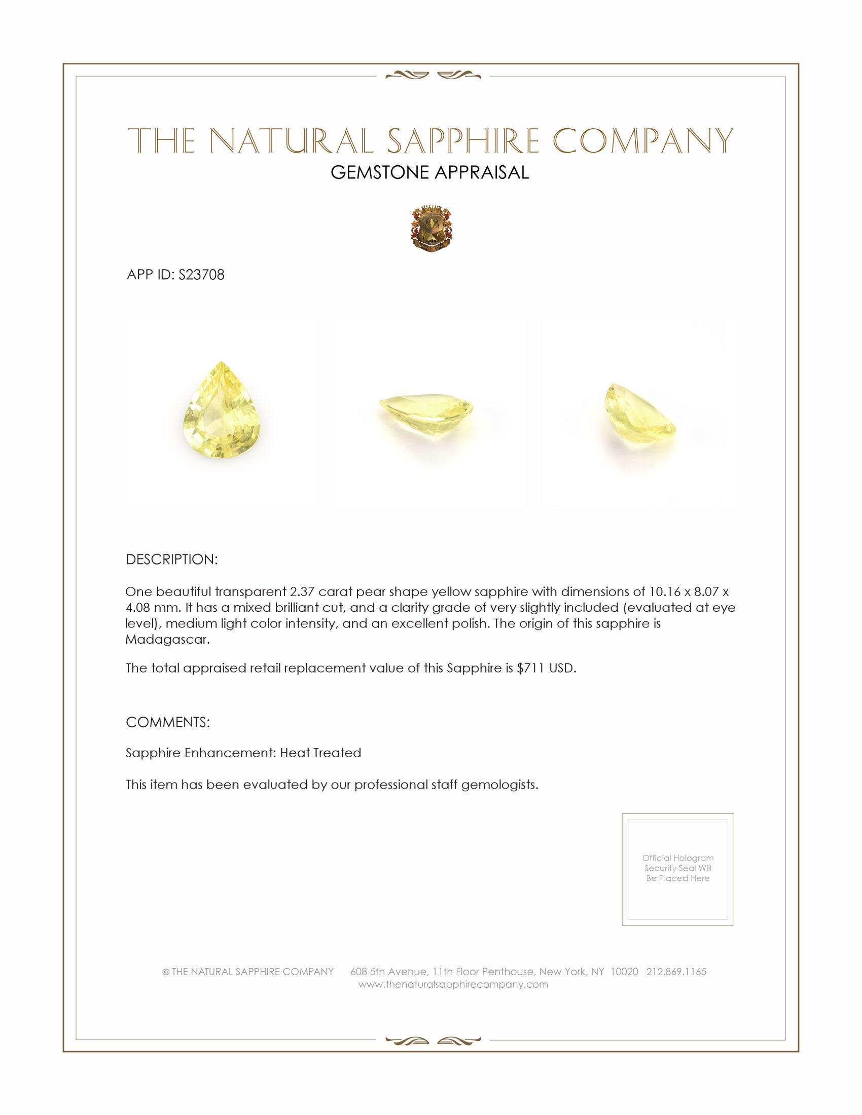 2.37 Ct. Yellow Sapphire from Madagascar