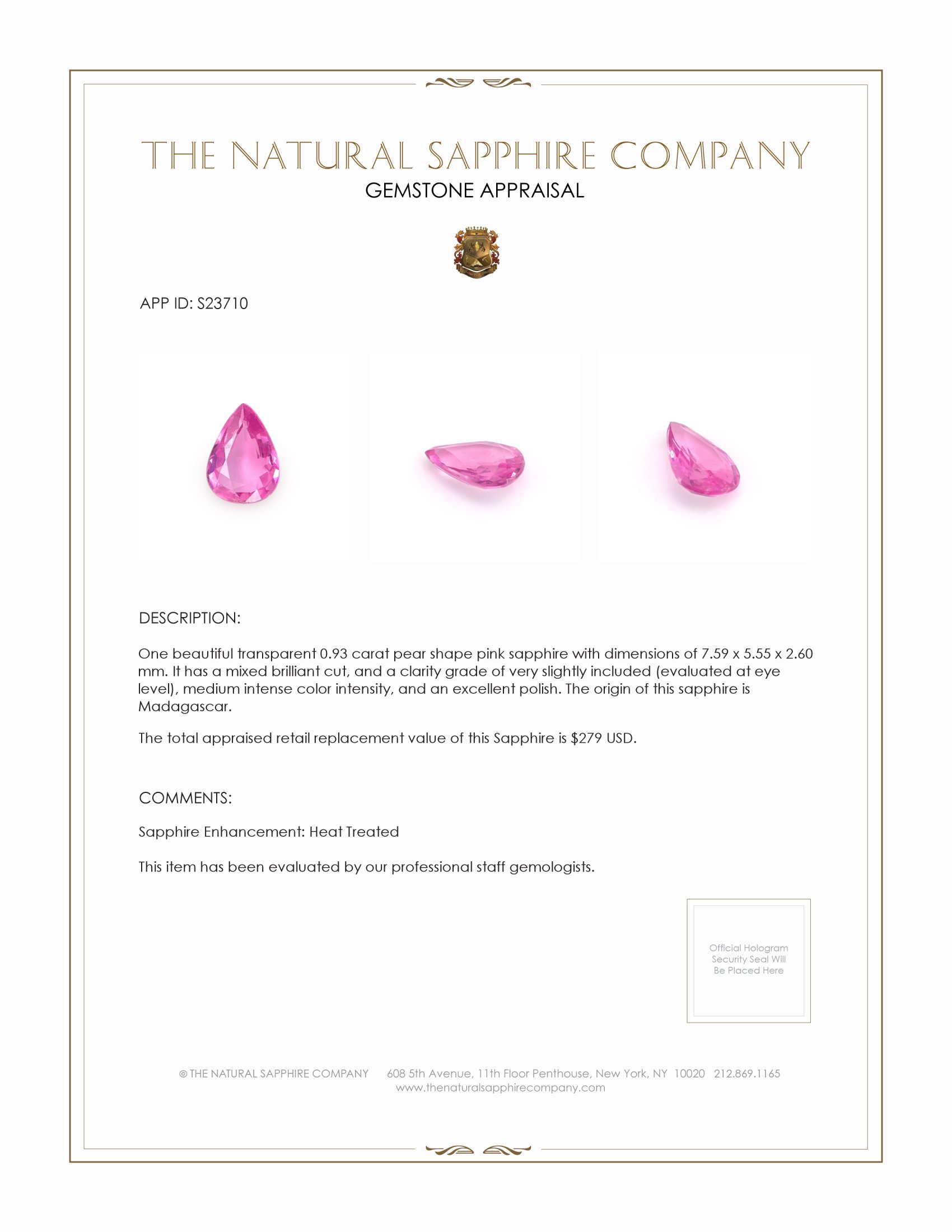 0.93 Ct. Pink Sapphire from Madagascar