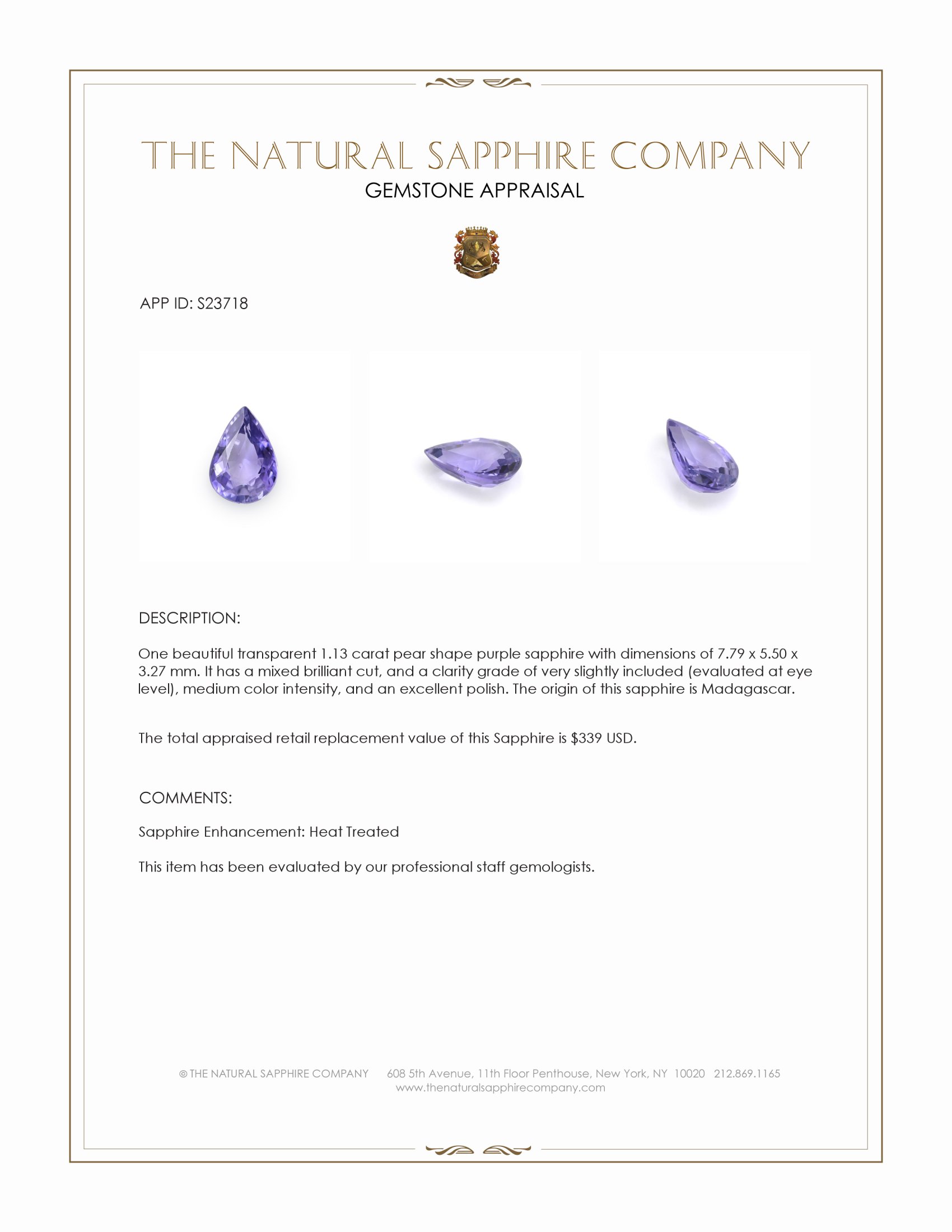 1.13 Ct. Purple Sapphire from Madagascar