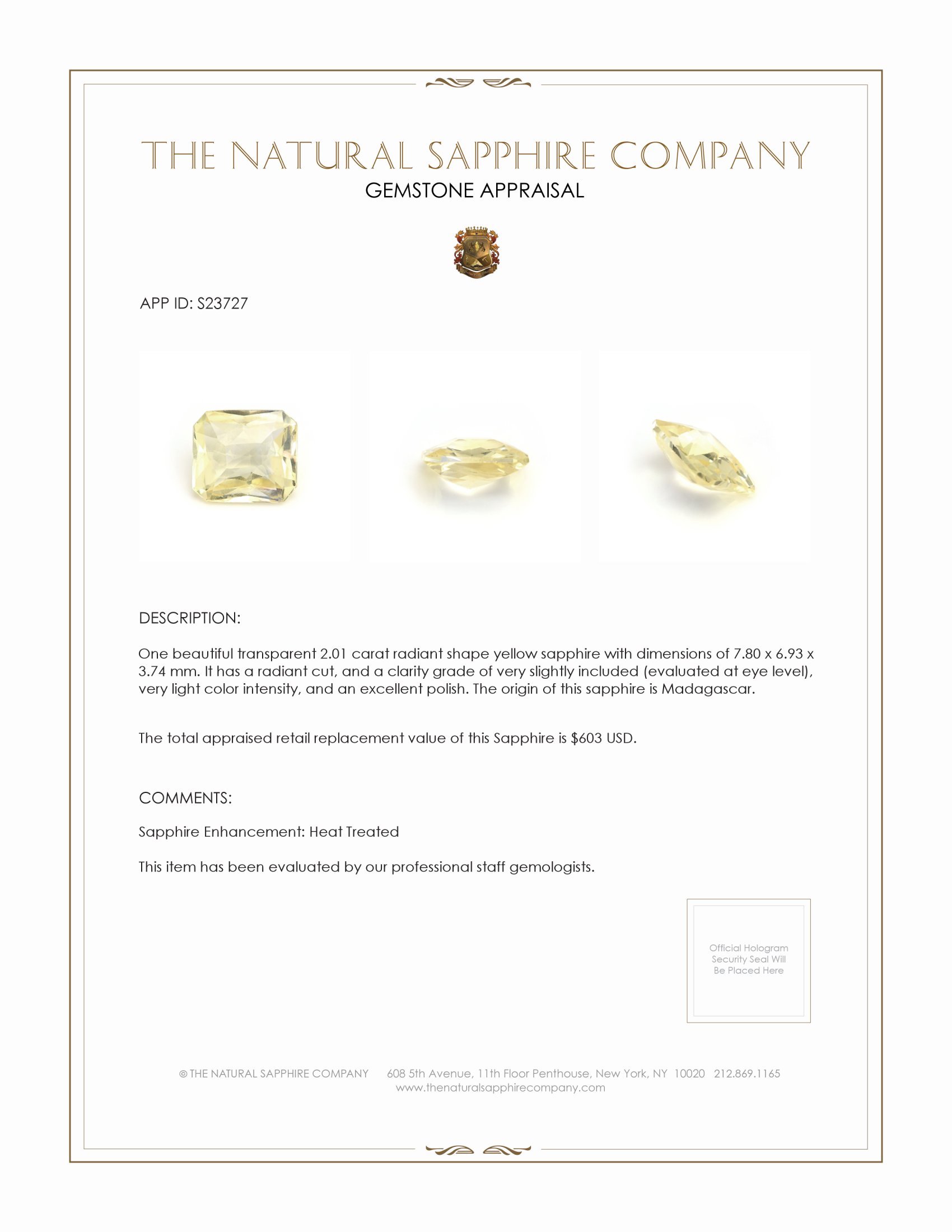 2.01 Ct. Yellow Sapphire from Madagascar