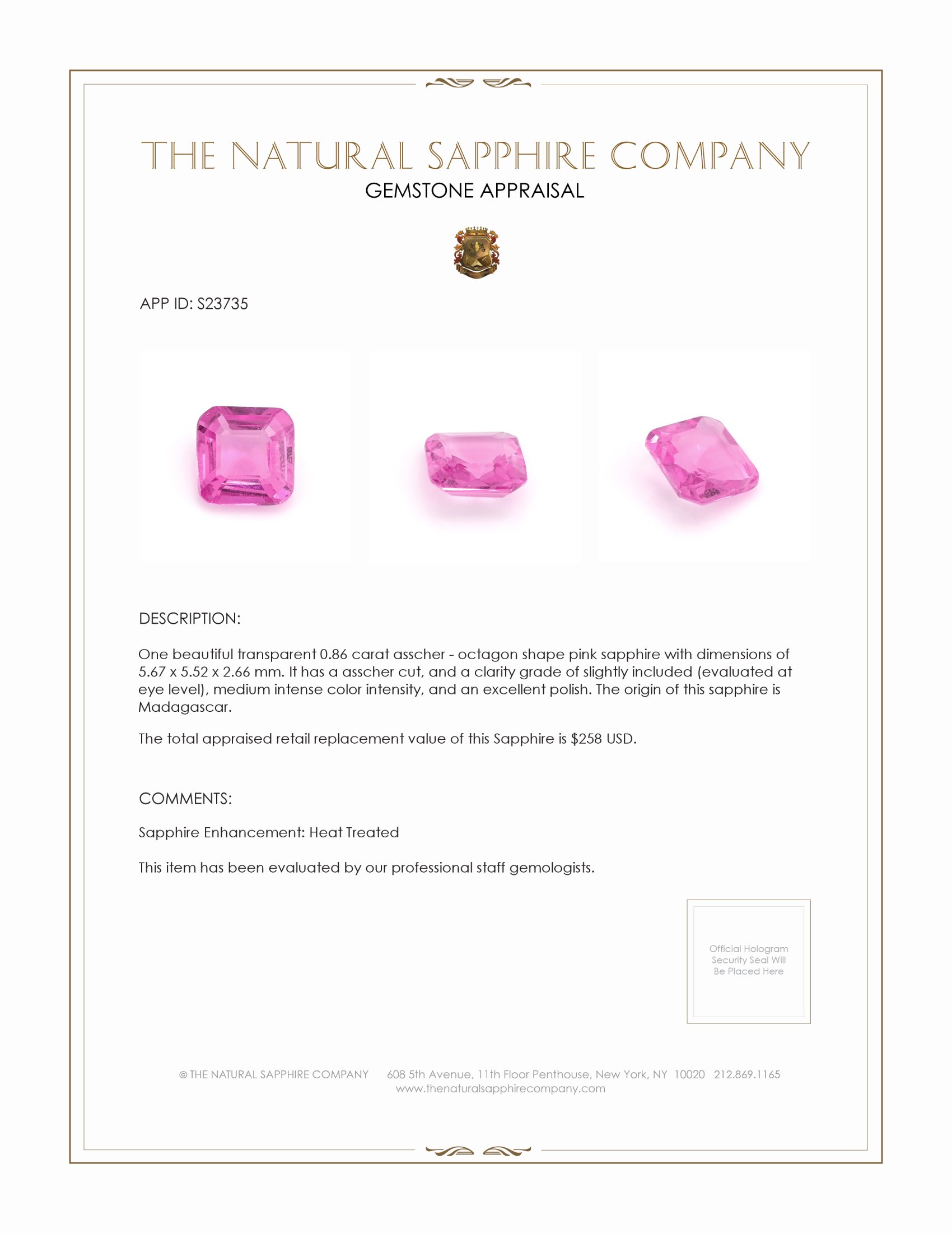 0.86 Ct. Pink Sapphire from Madagascar