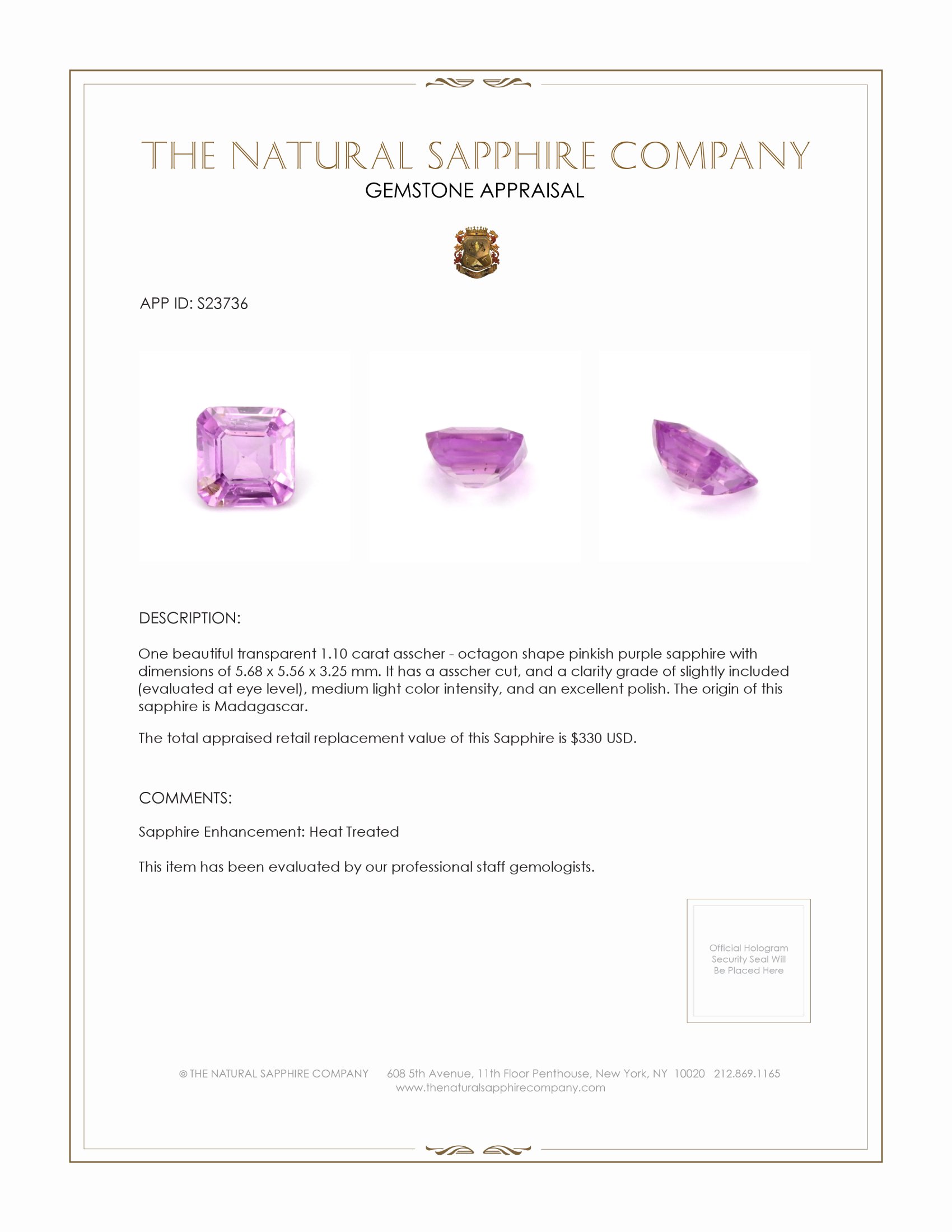 1.10 Ct. Pinkish Purple Sapphire from Madagascar