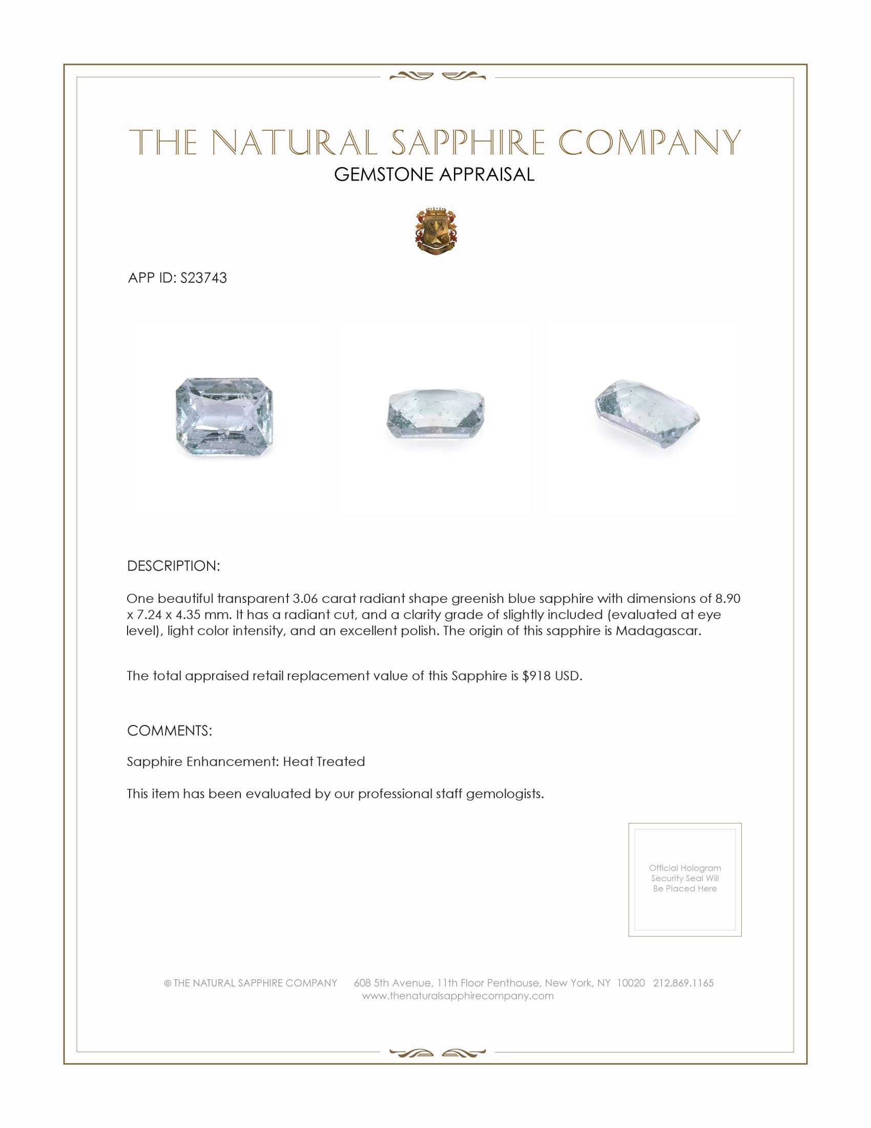 3.06 Ct. Greenish Blue Sapphire from Madagascar