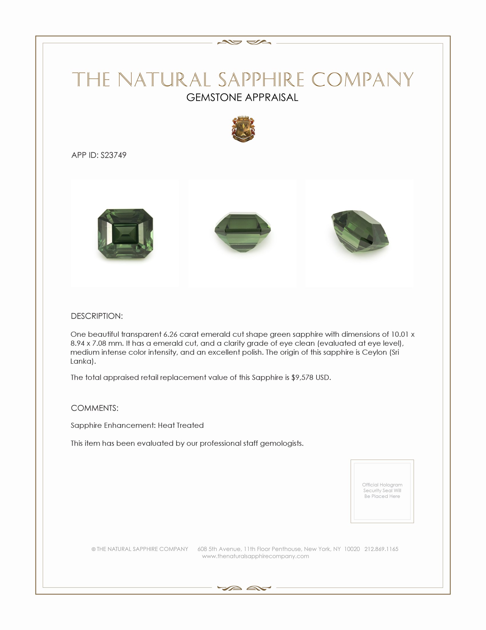 6.26 Ct. Green Sapphire from Ceylon (Sri Lanka)