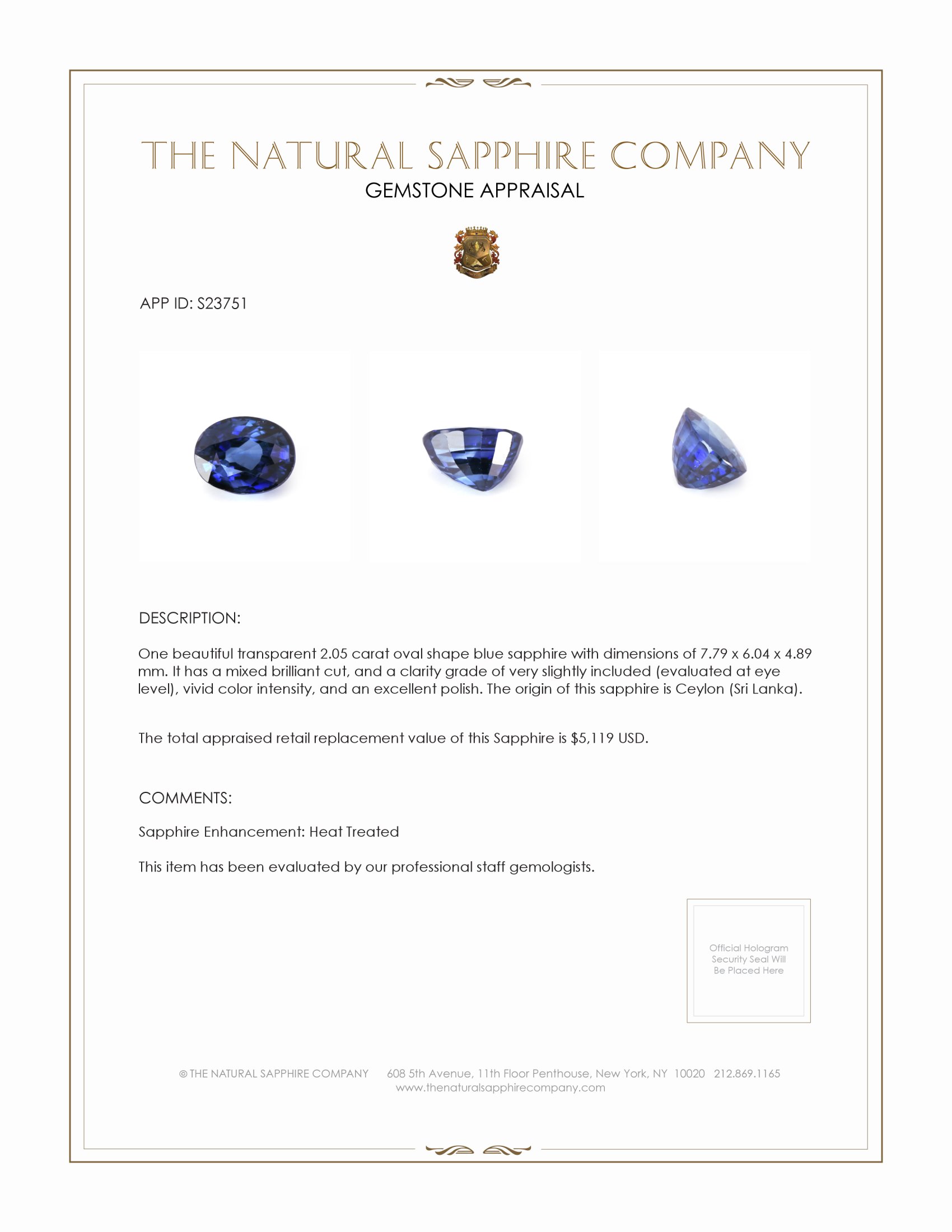 2.05 Ct. Blue Sapphire from Ceylon (Sri Lanka)