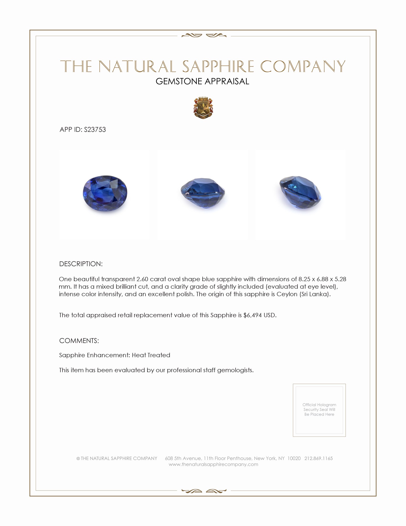 2.60 Ct. Blue Sapphire from Ceylon (Sri Lanka)