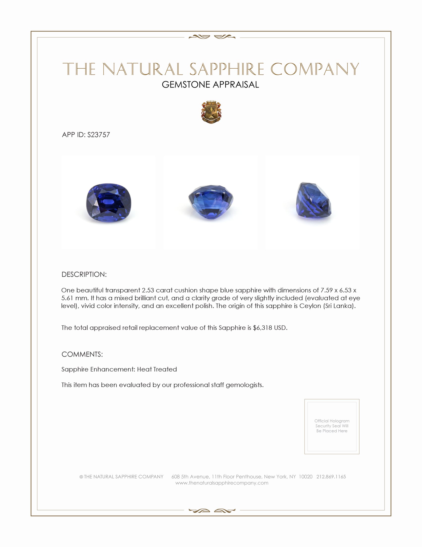2.53 Ct. Blue Sapphire from Ceylon (Sri Lanka)