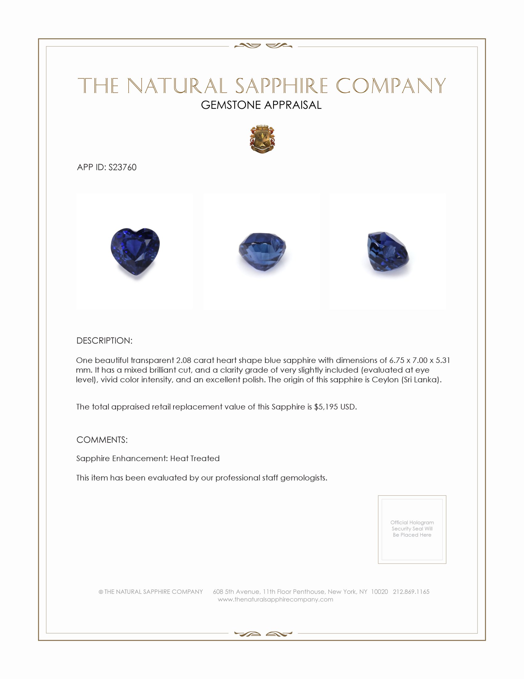 2.08 Ct. Blue Sapphire from Ceylon (Sri Lanka)