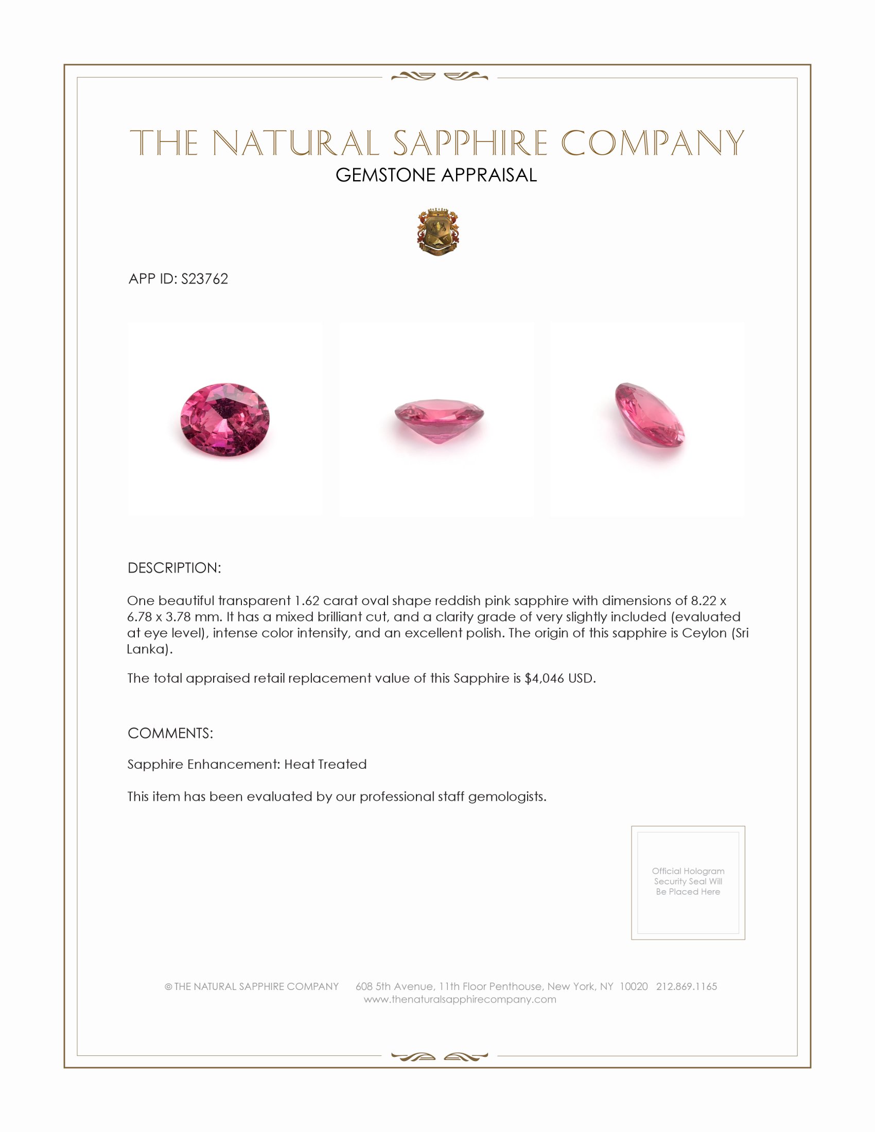 1.62 Ct. Reddish Pink Sapphire from Ceylon (Sri Lanka)