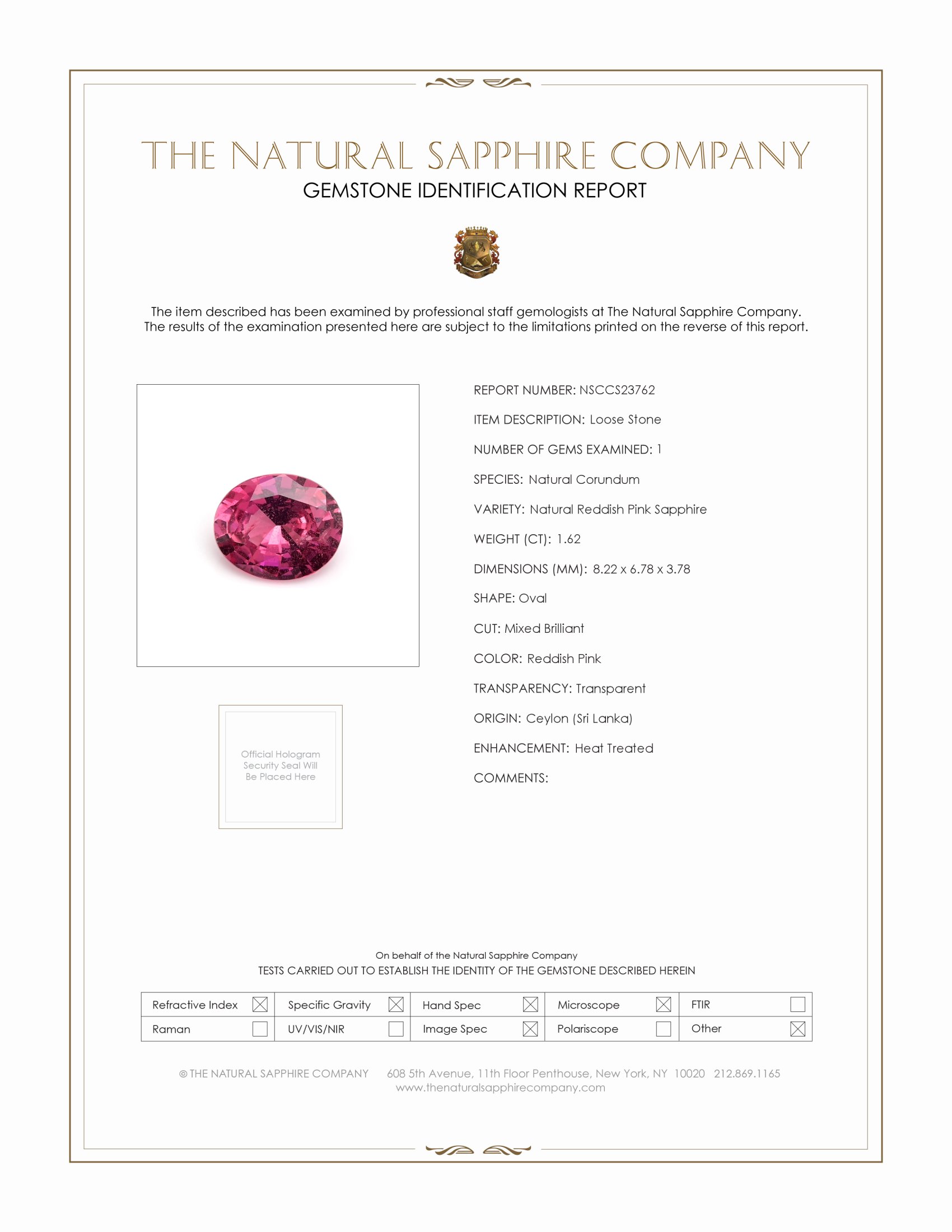 1.62 Ct. Reddish Pink Sapphire from Ceylon (Sri Lanka)