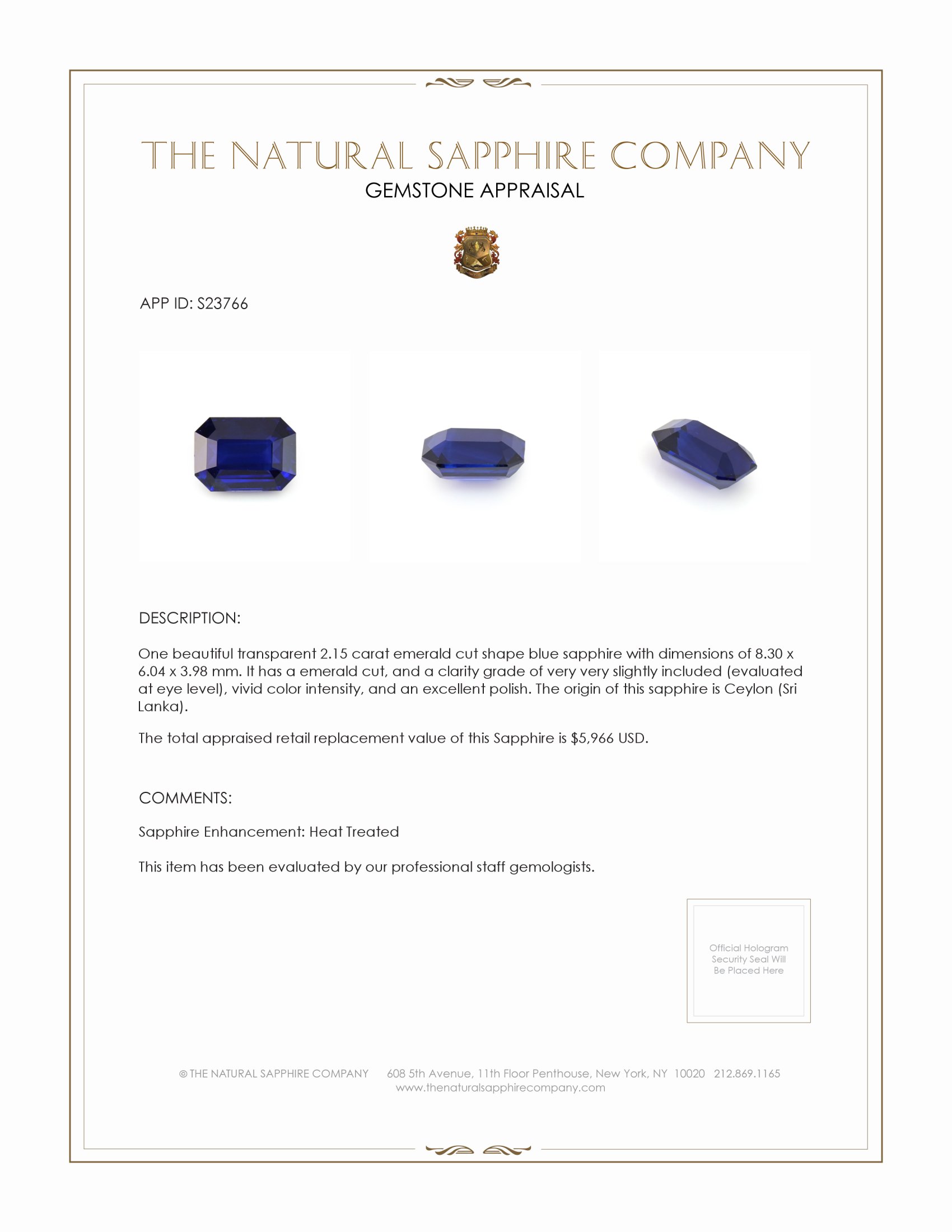 2.15 Ct. Blue Sapphire from Ceylon (Sri Lanka)