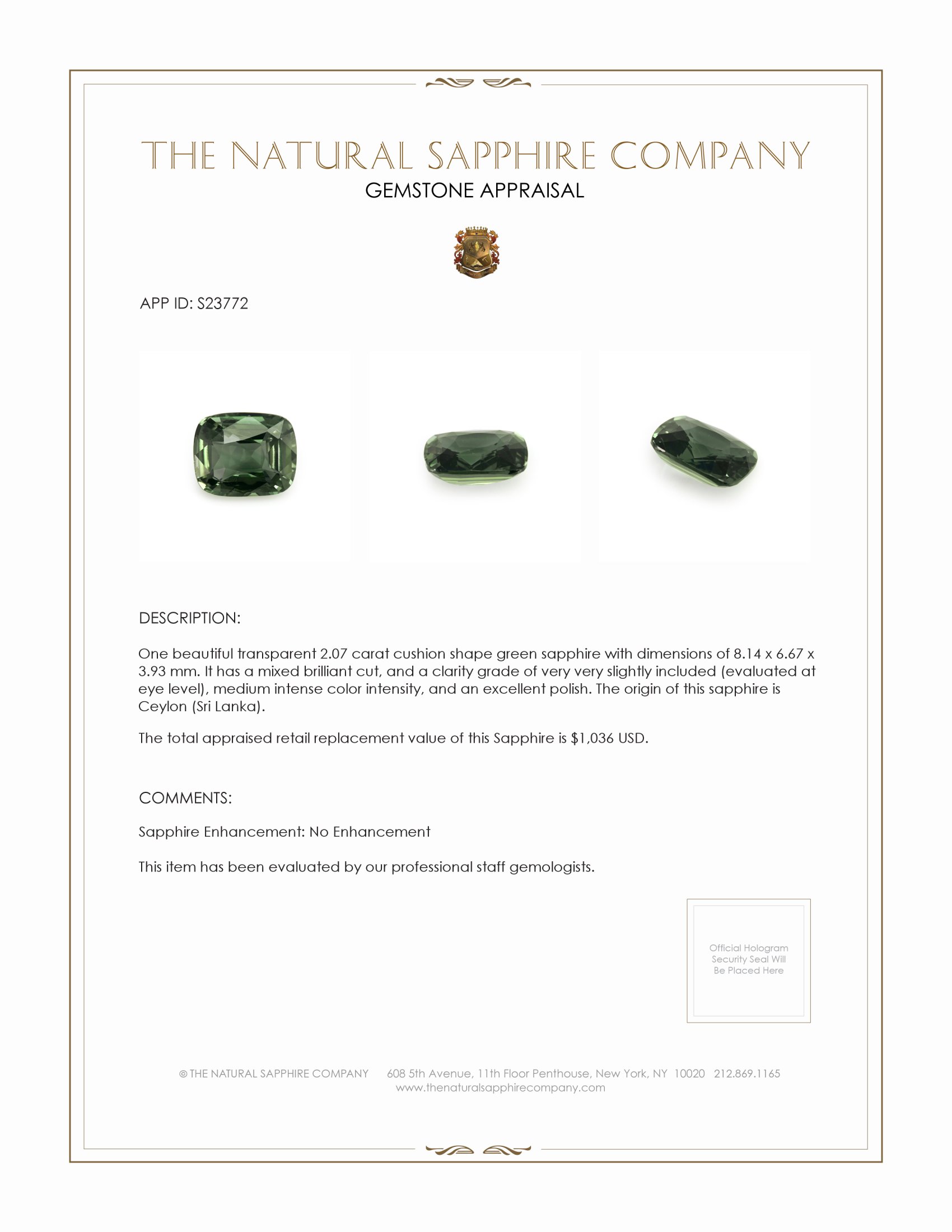 2.07 Ct. Green Sapphire from Ceylon (Sri Lanka)