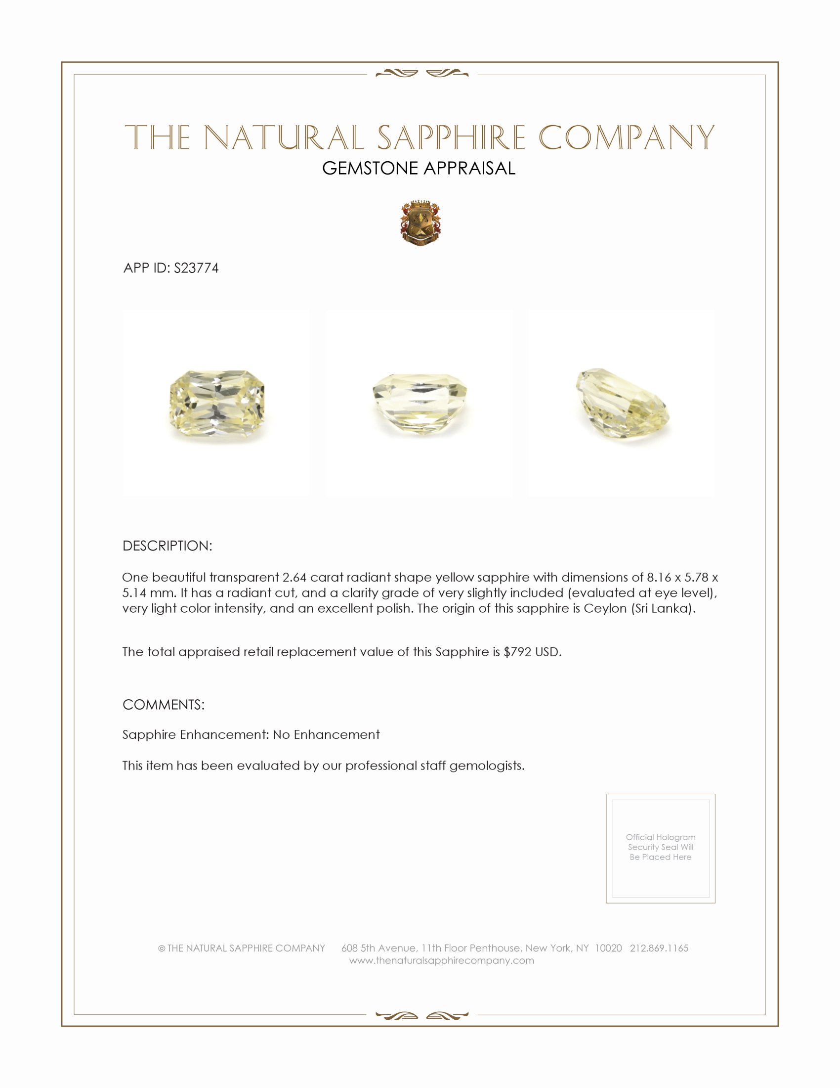 2.64 Ct. Yellow Sapphire from Ceylon (Sri Lanka)