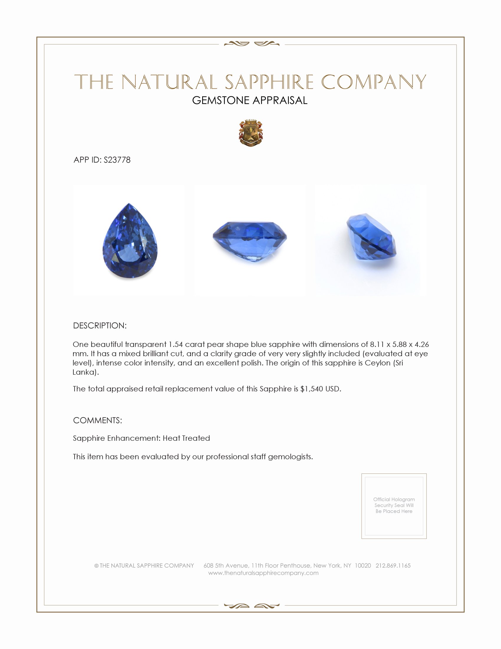 1.54 Ct. Blue Sapphire from Ceylon (Sri Lanka)