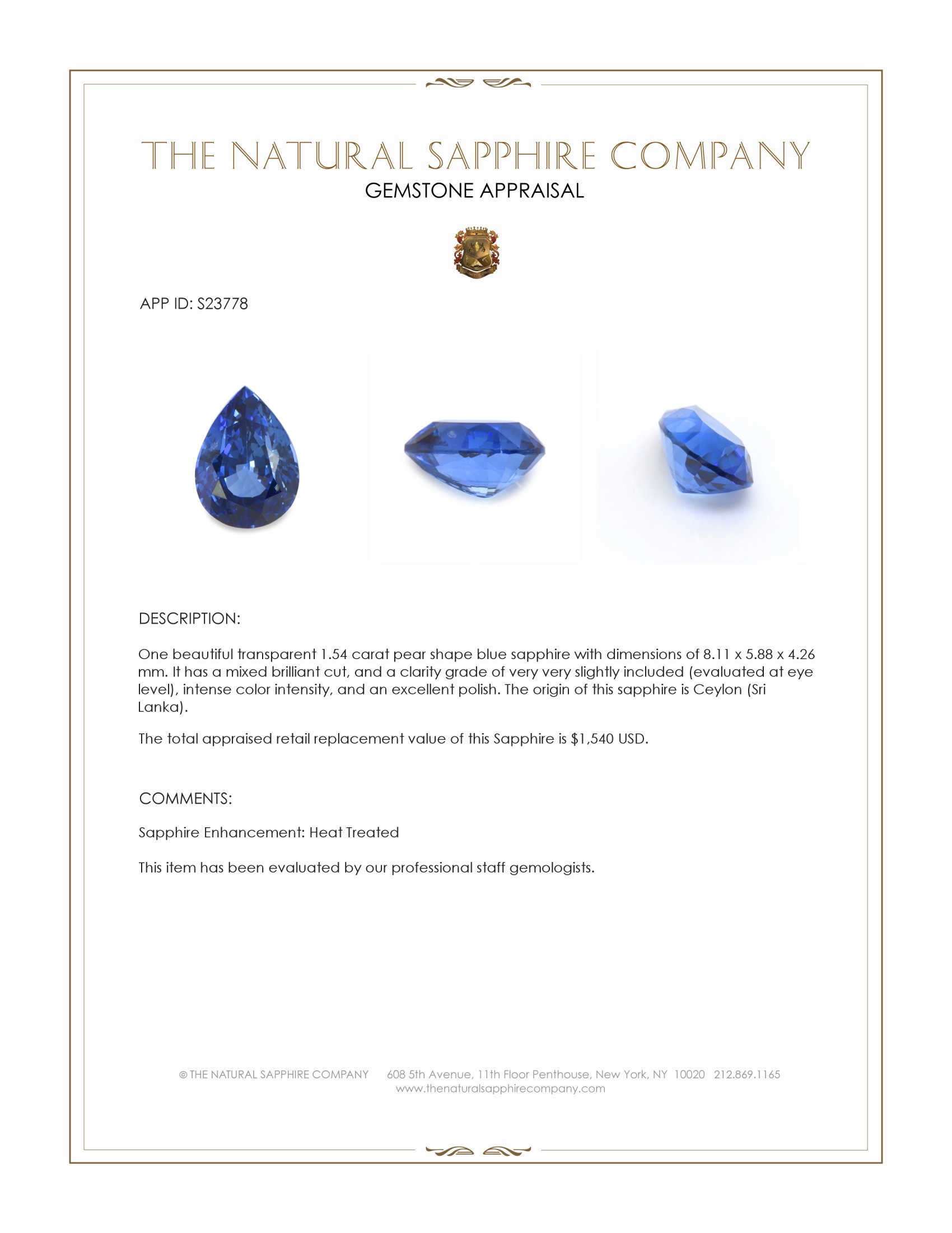 1.54 Ct. Blue Sapphire from Ceylon (Sri Lanka)