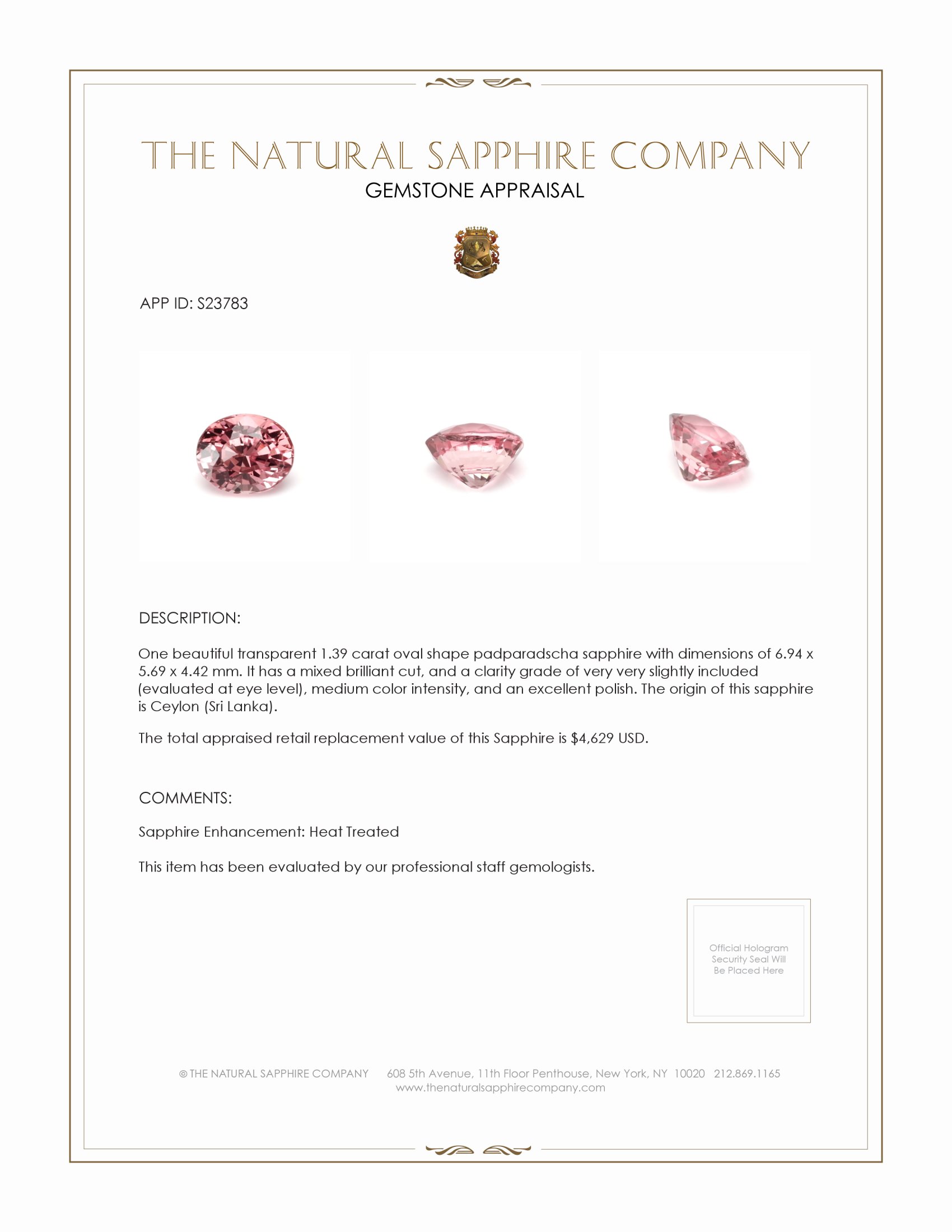 1.39 Ct. Padparadscha Sapphire from Ceylon (Sri Lanka)