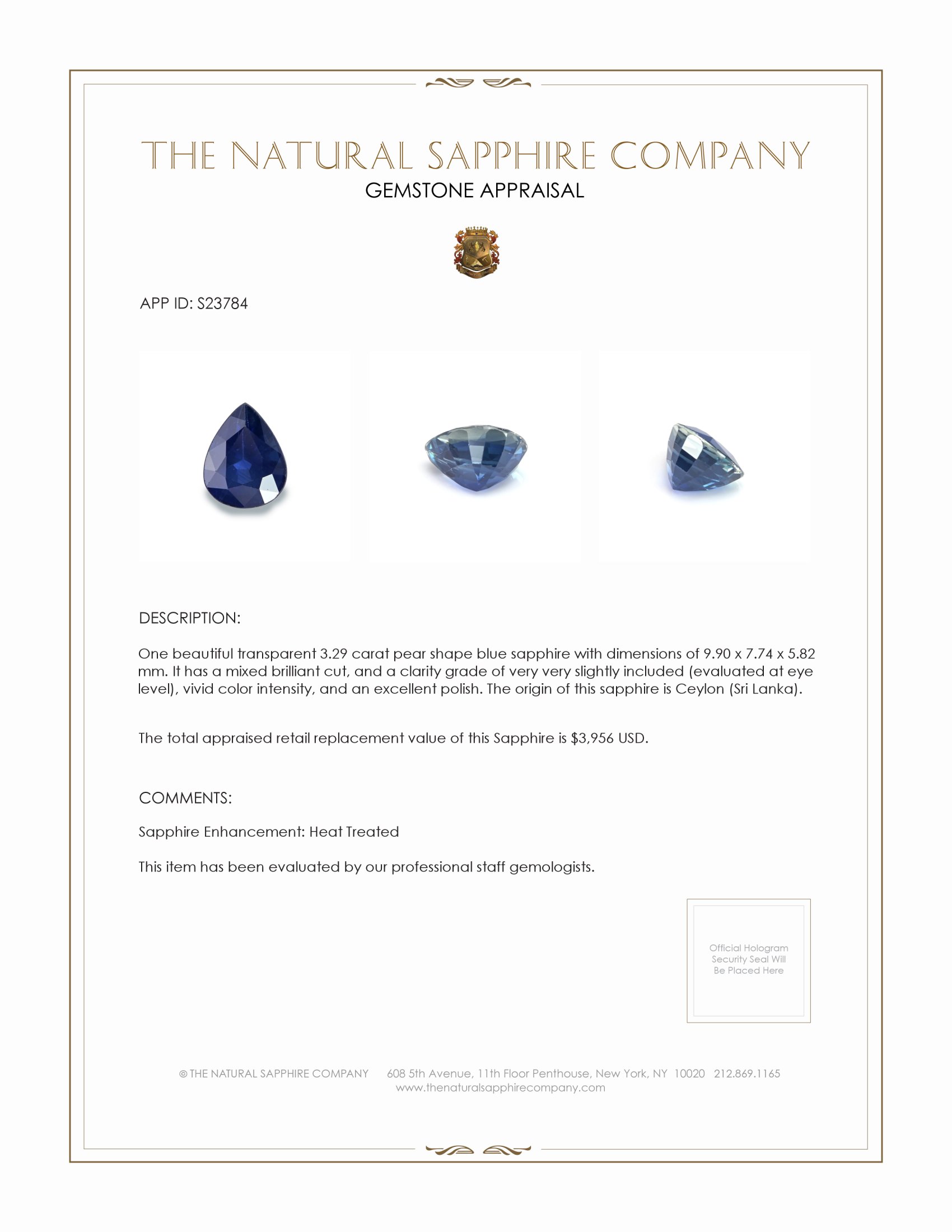 3.29 Ct. Blue Sapphire from Ceylon (Sri Lanka)