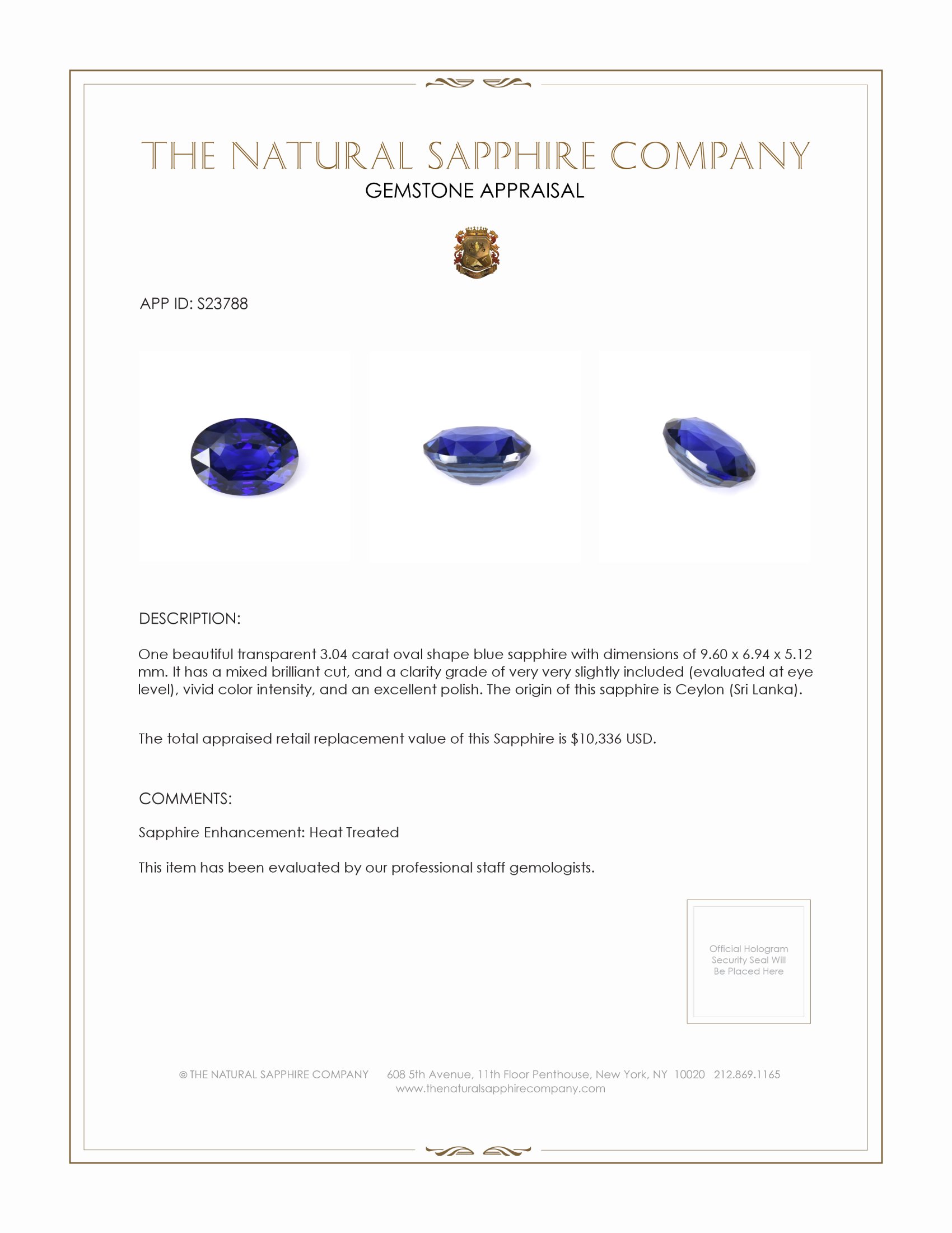 3.04 Ct. Blue Sapphire from Ceylon (Sri Lanka)