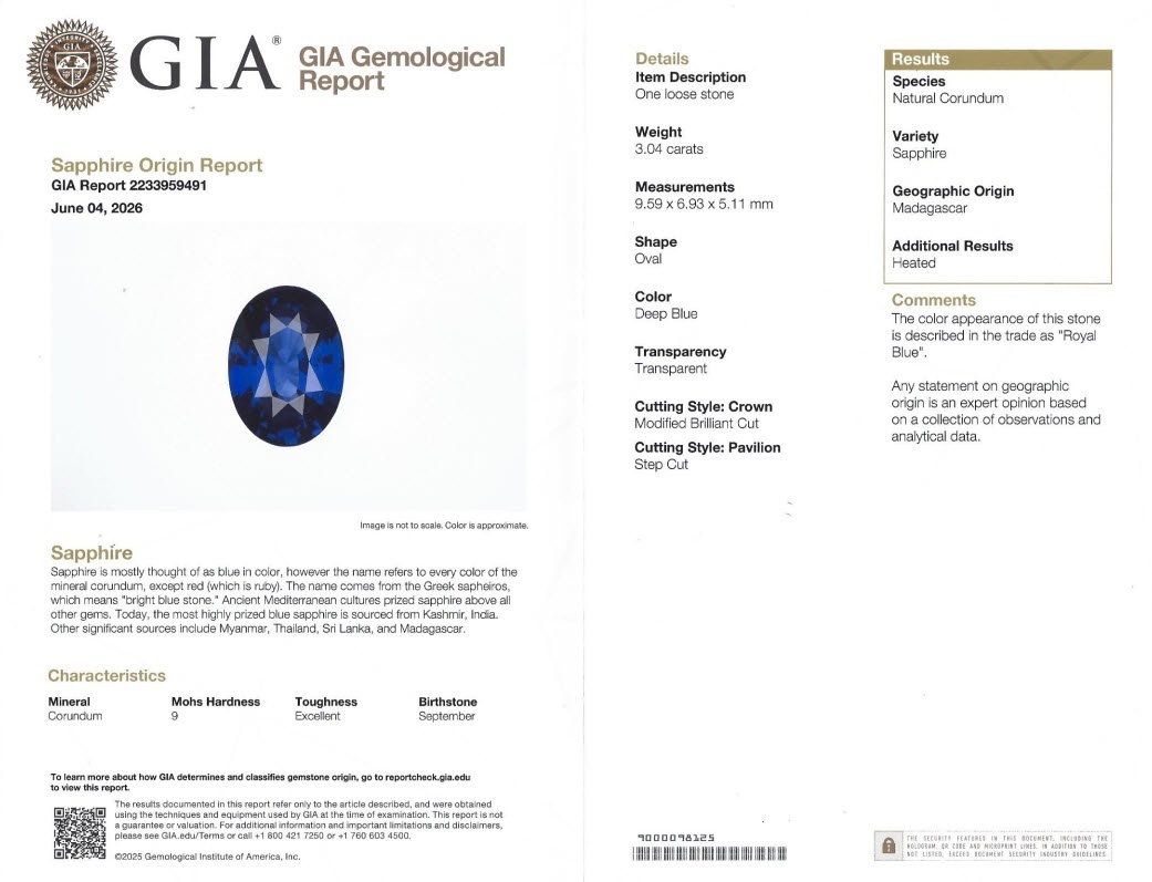 3.04 Ct. Blue Sapphire from Madagascar