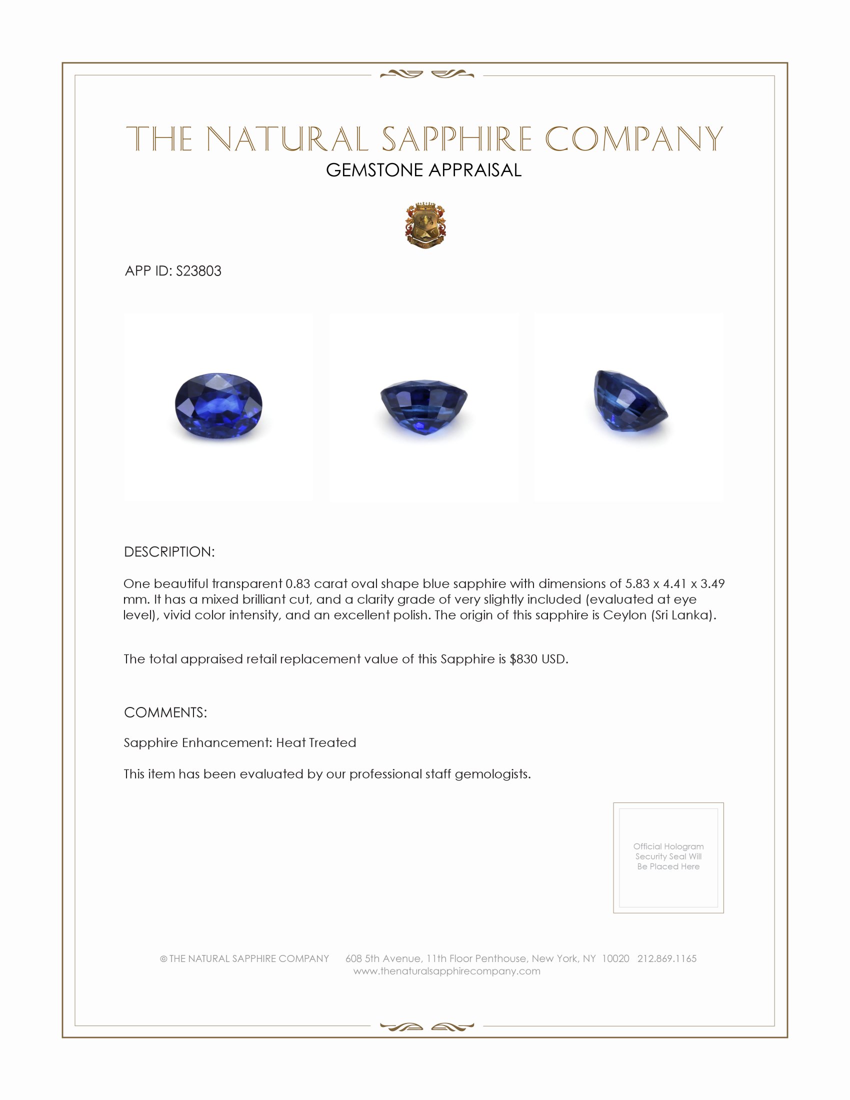 0.83 Ct. Blue Sapphire from Ceylon (Sri Lanka)