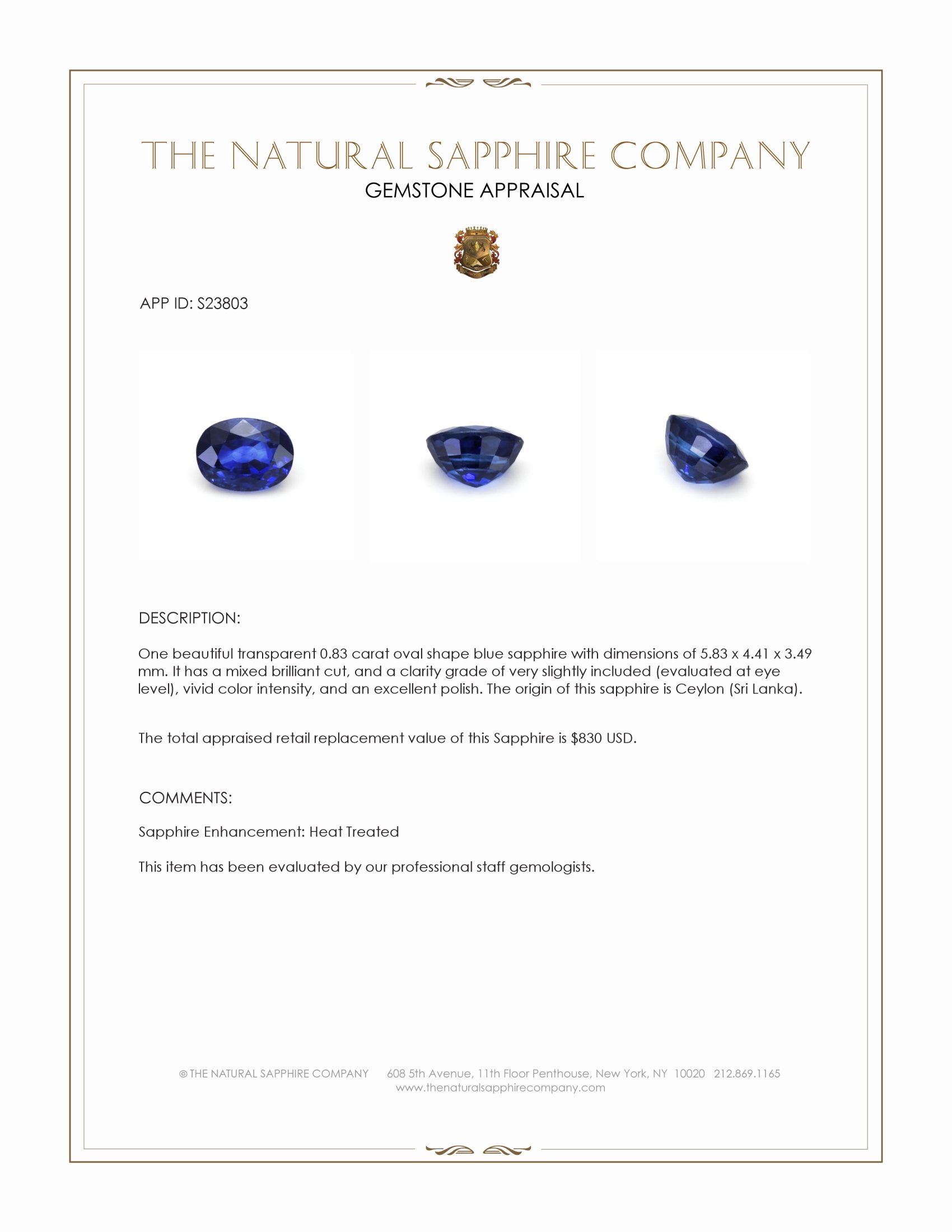 0.83 Ct. Blue Sapphire from Ceylon (Sri Lanka)