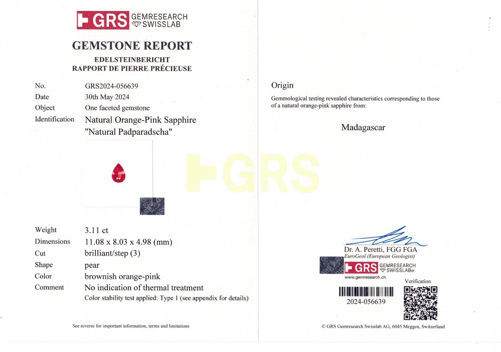 3.11 Ct. Padparadscha Sapphire from Madagascar