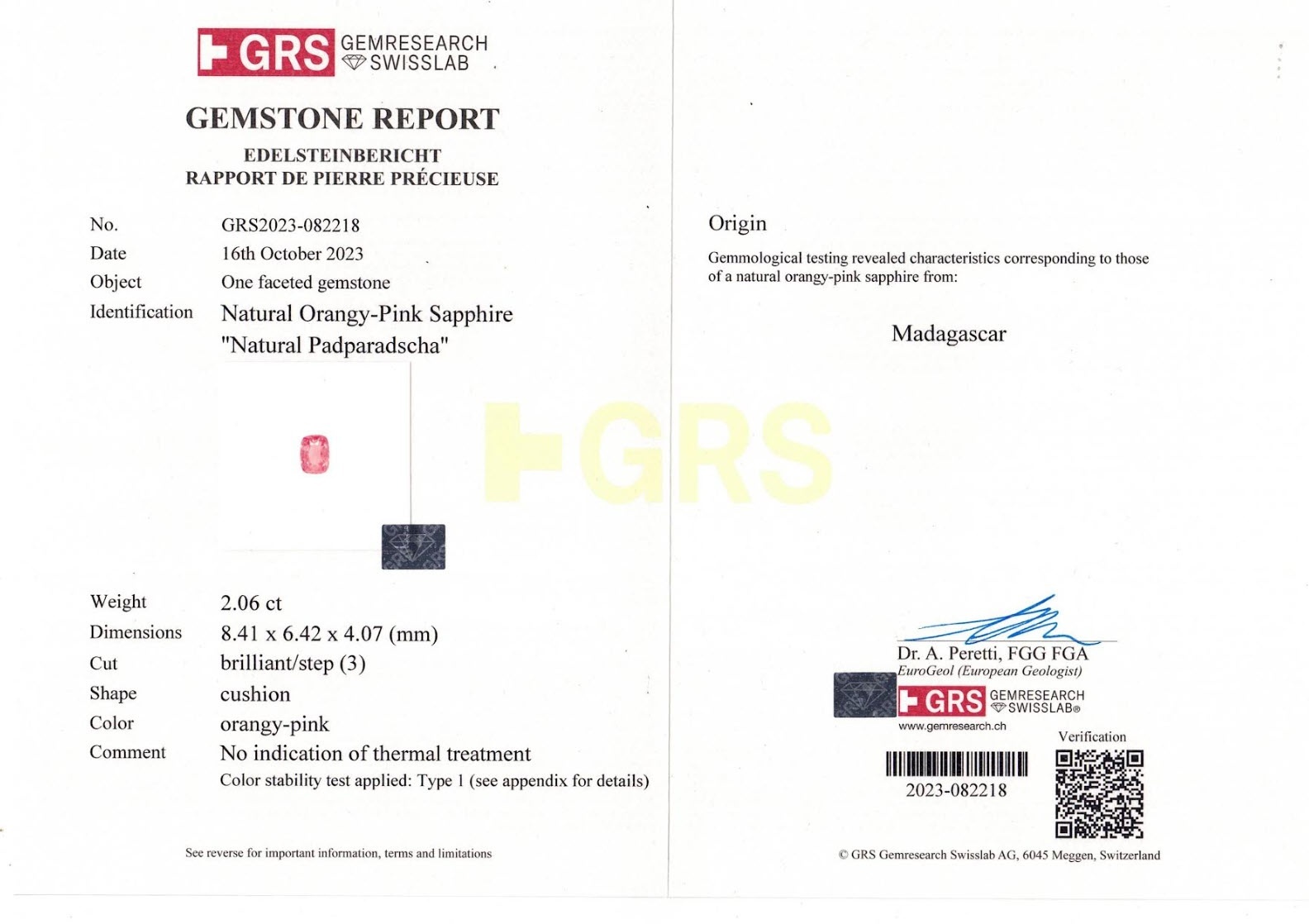 2.06 Ct. Padparadscha Sapphire from Madagascar