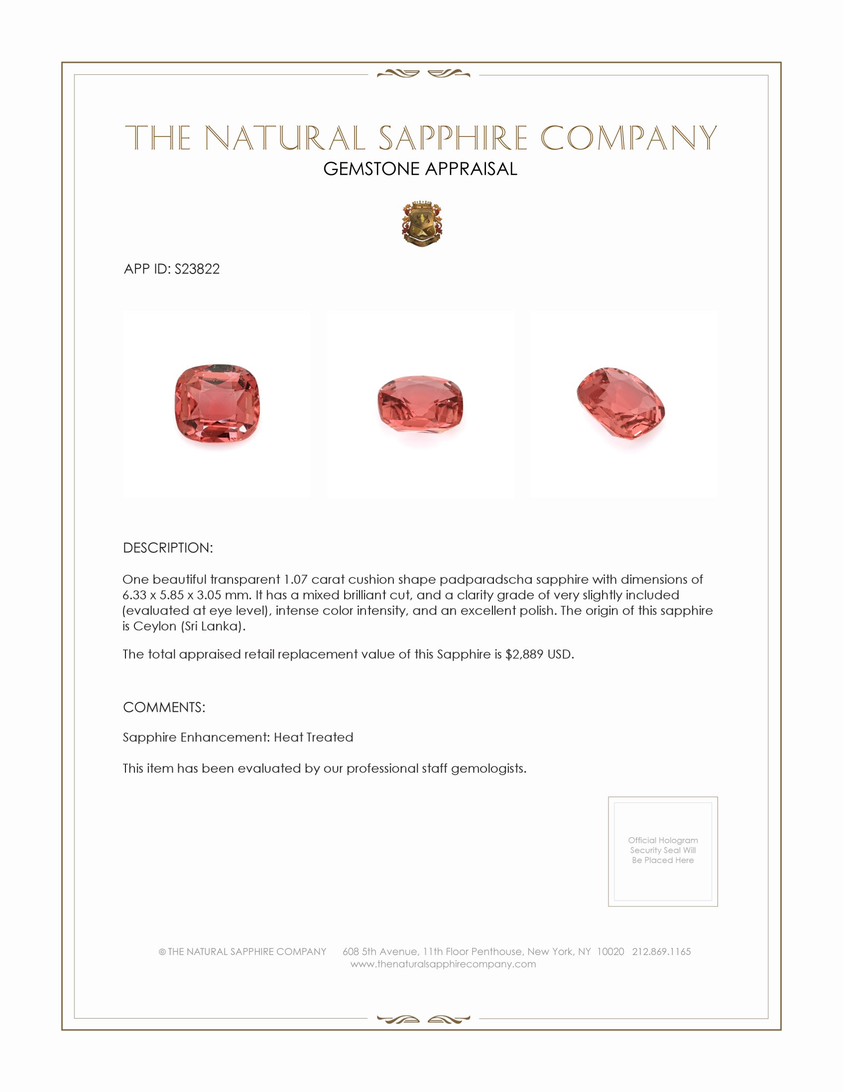 1.07 Ct. Padparadscha Sapphire from Ceylon (Sri Lanka)