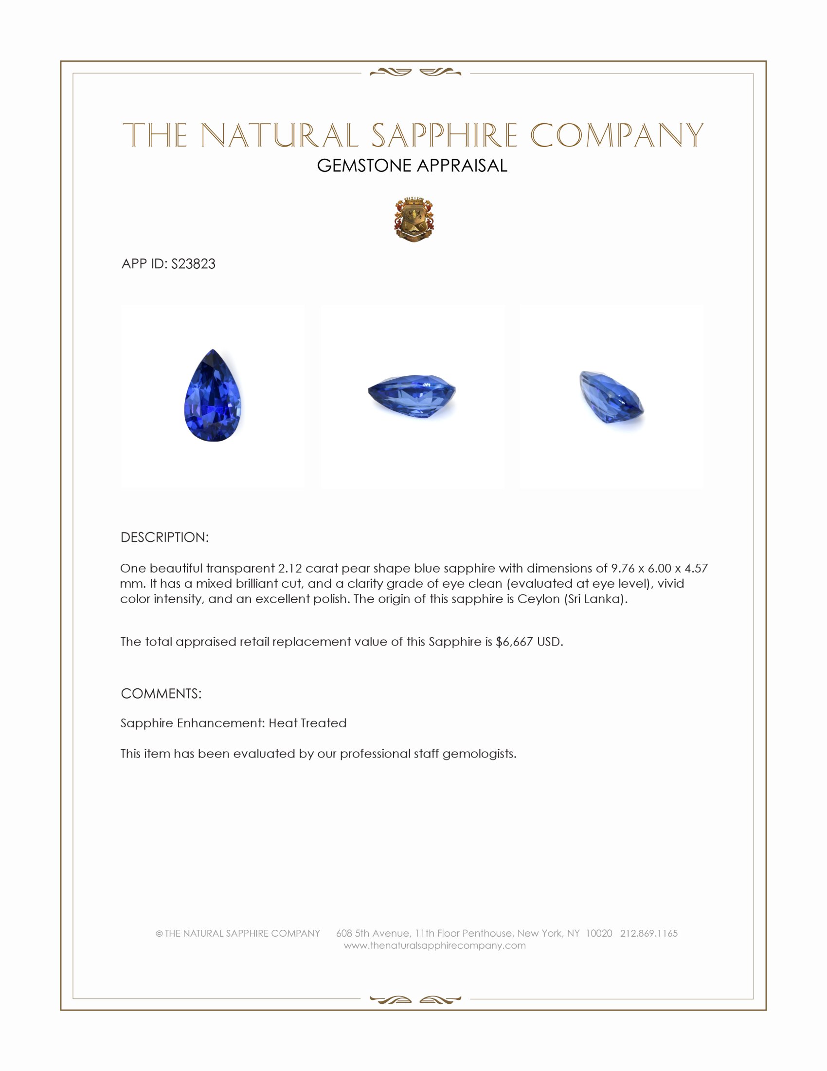 2.12 Ct. Blue Sapphire from Ceylon (Sri Lanka)