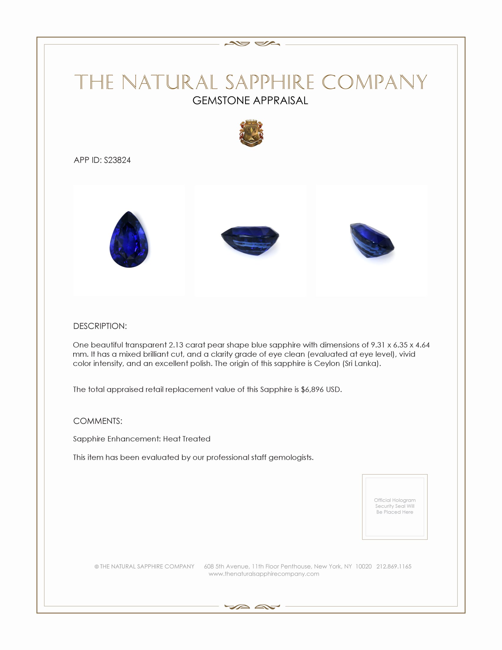 2.13 Ct. Blue Sapphire from Ceylon (Sri Lanka)