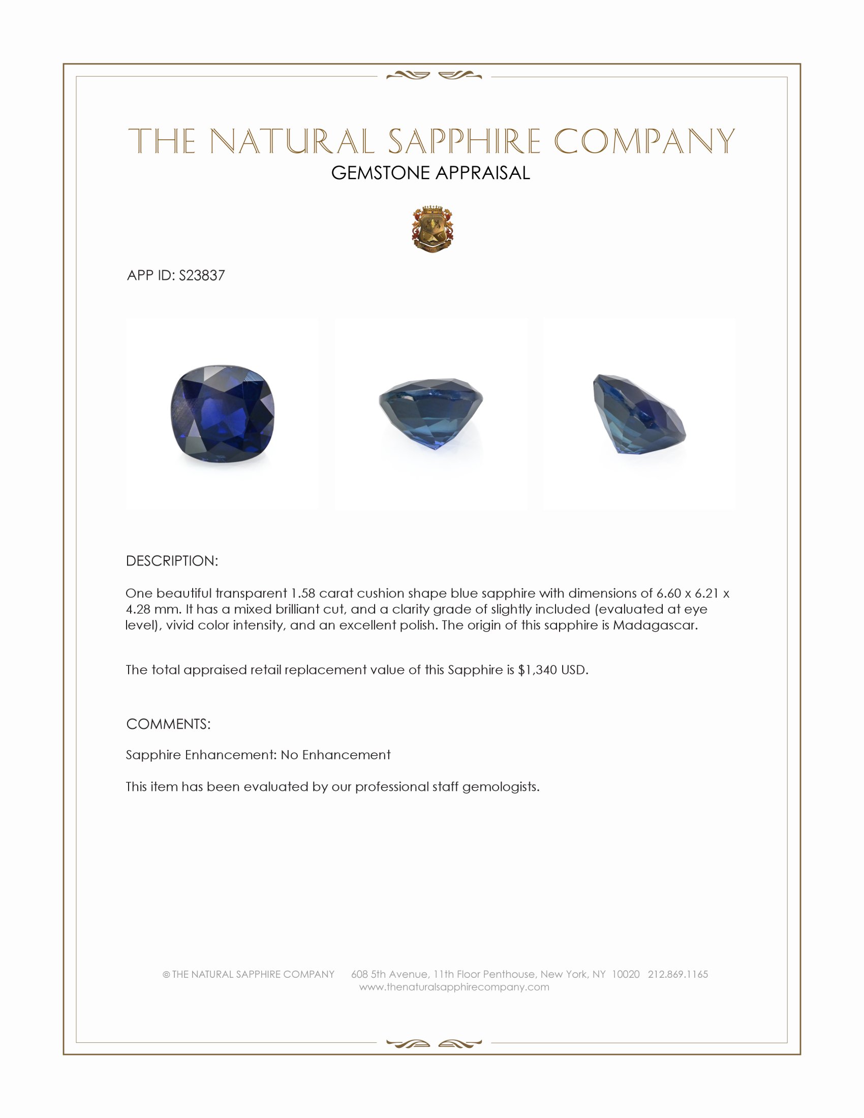 1.58 Ct. Blue Sapphire from Madagascar