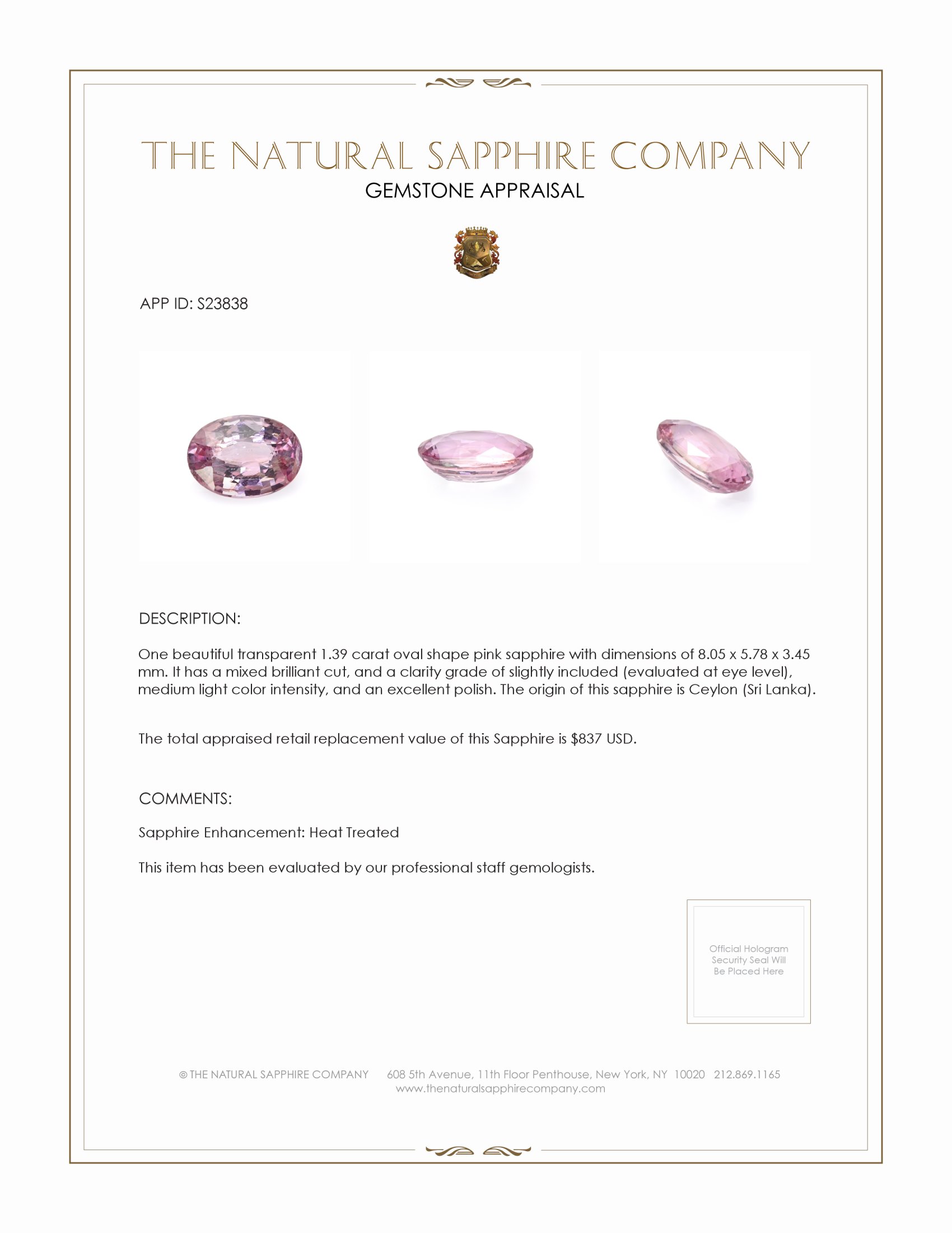 1.39 Ct. Pink Sapphire from Ceylon (Sri Lanka)