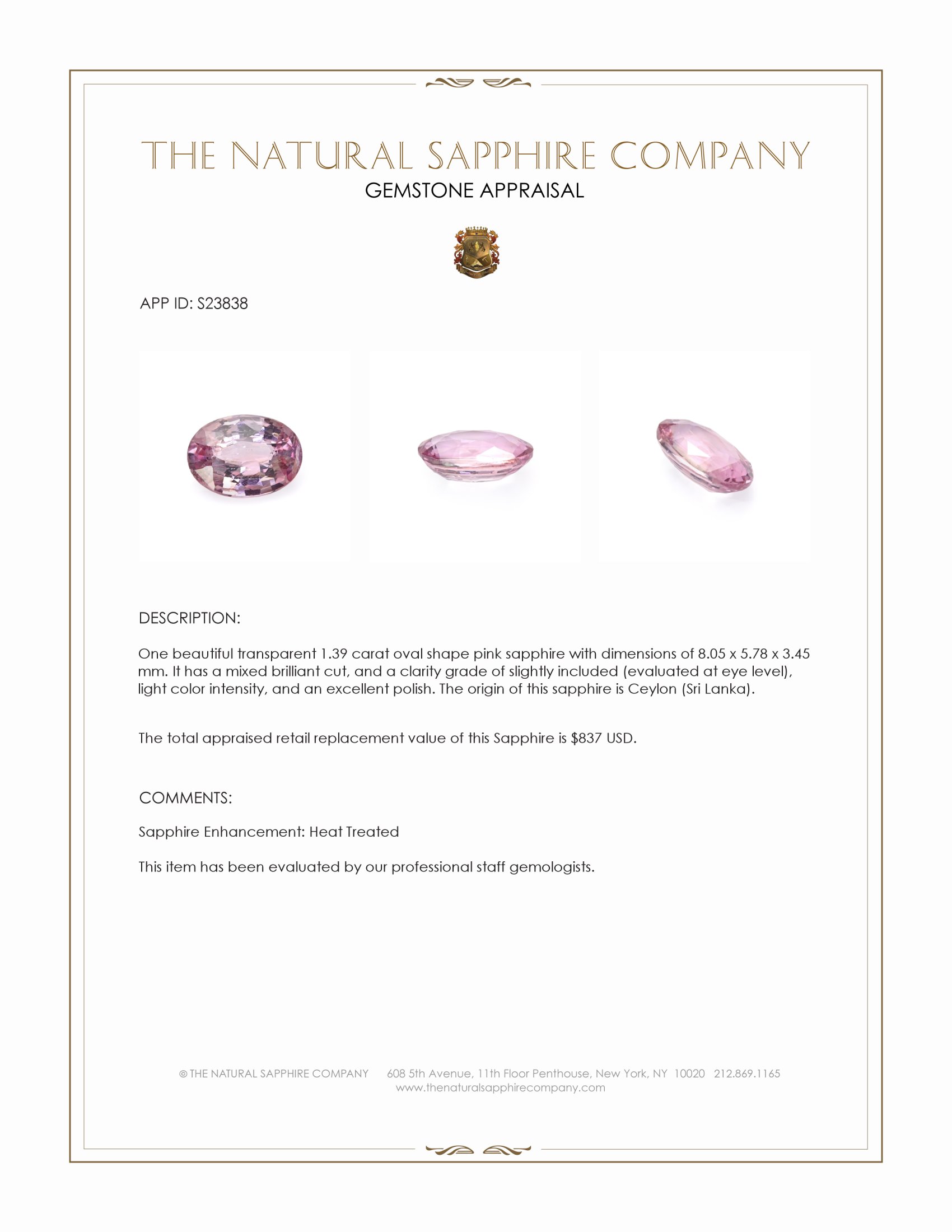 1.39 Ct. Pink Sapphire from Ceylon (Sri Lanka)