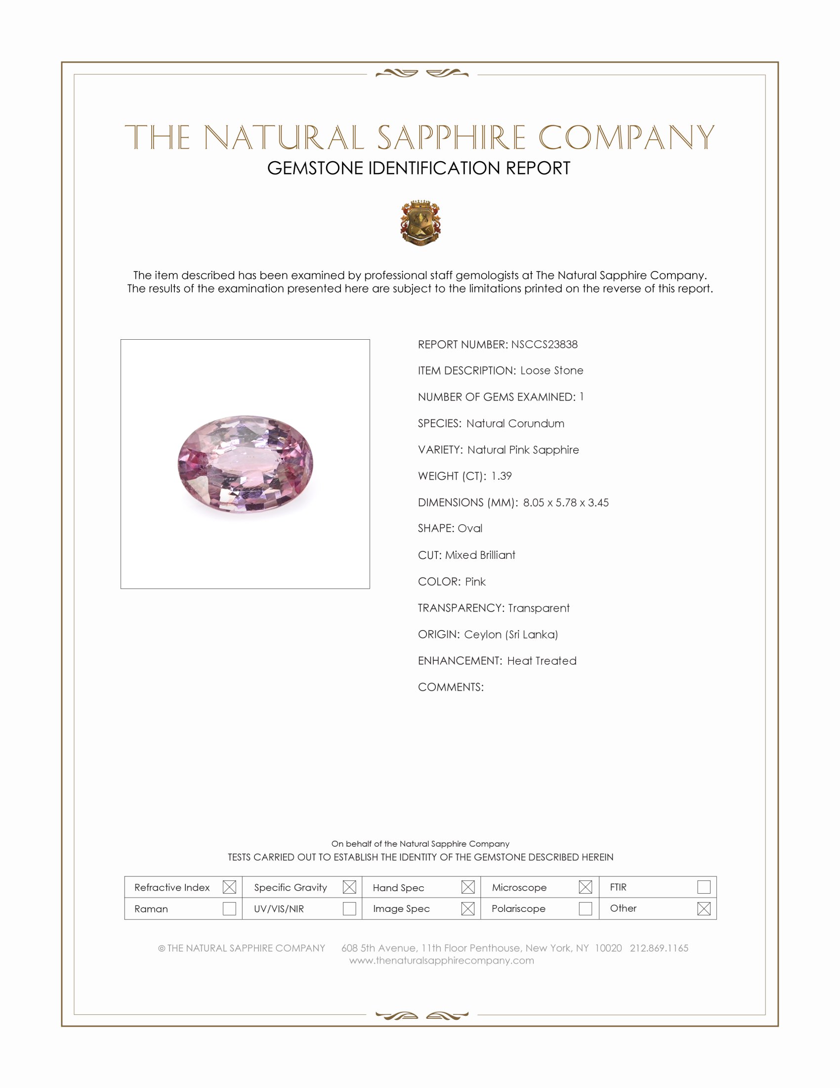 1.39 Ct. Pink Sapphire from Ceylon (Sri Lanka)
