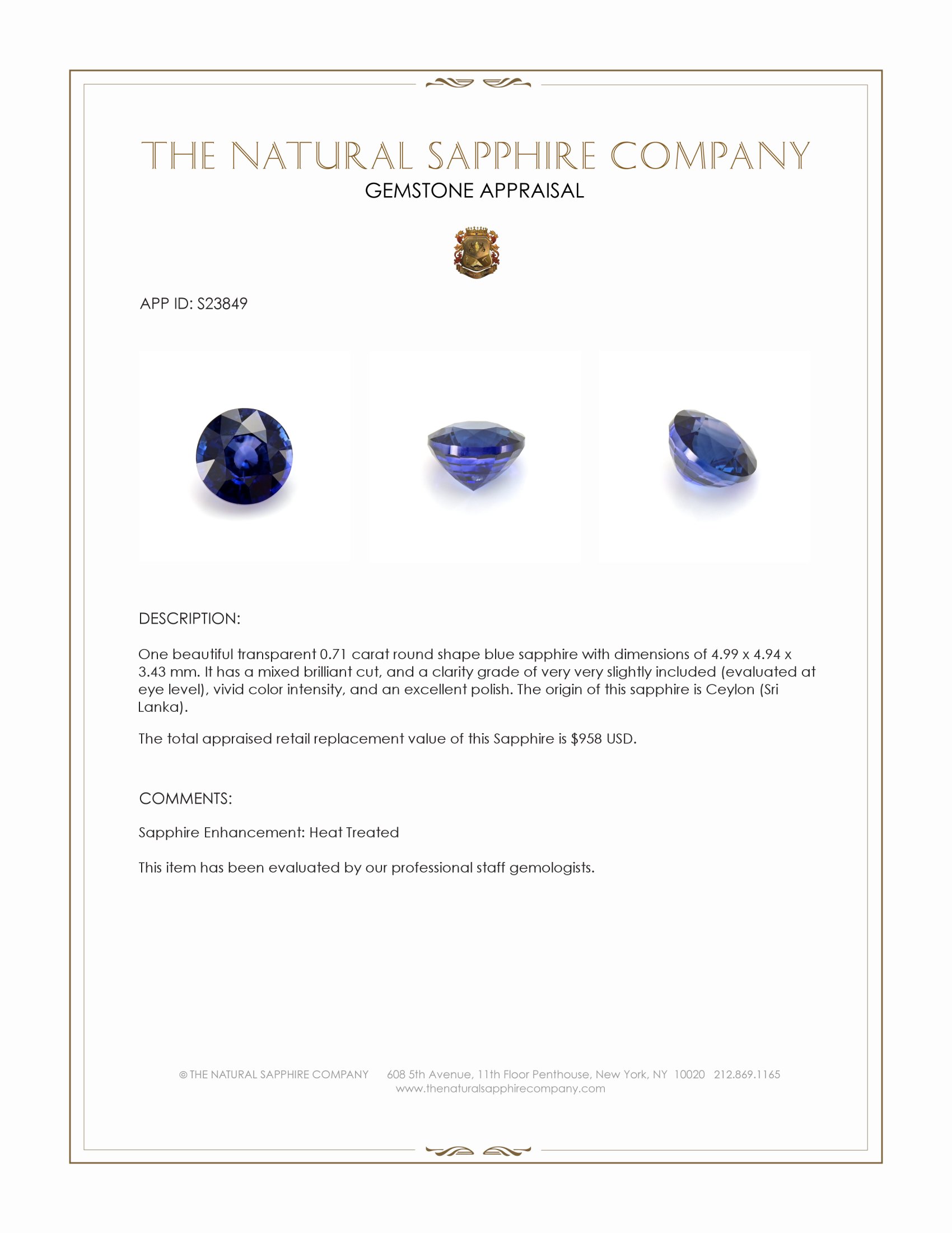 0.71 Ct. Blue Sapphire from Ceylon (Sri Lanka)