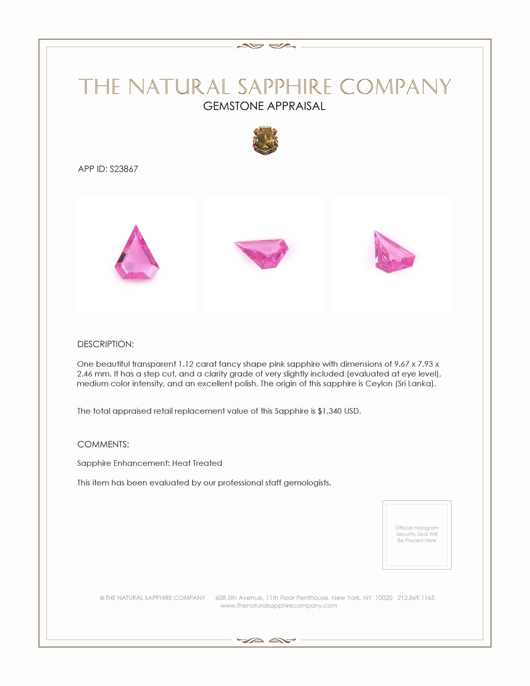 1.12 Ct. Pink Sapphire from Ceylon (Sri Lanka)