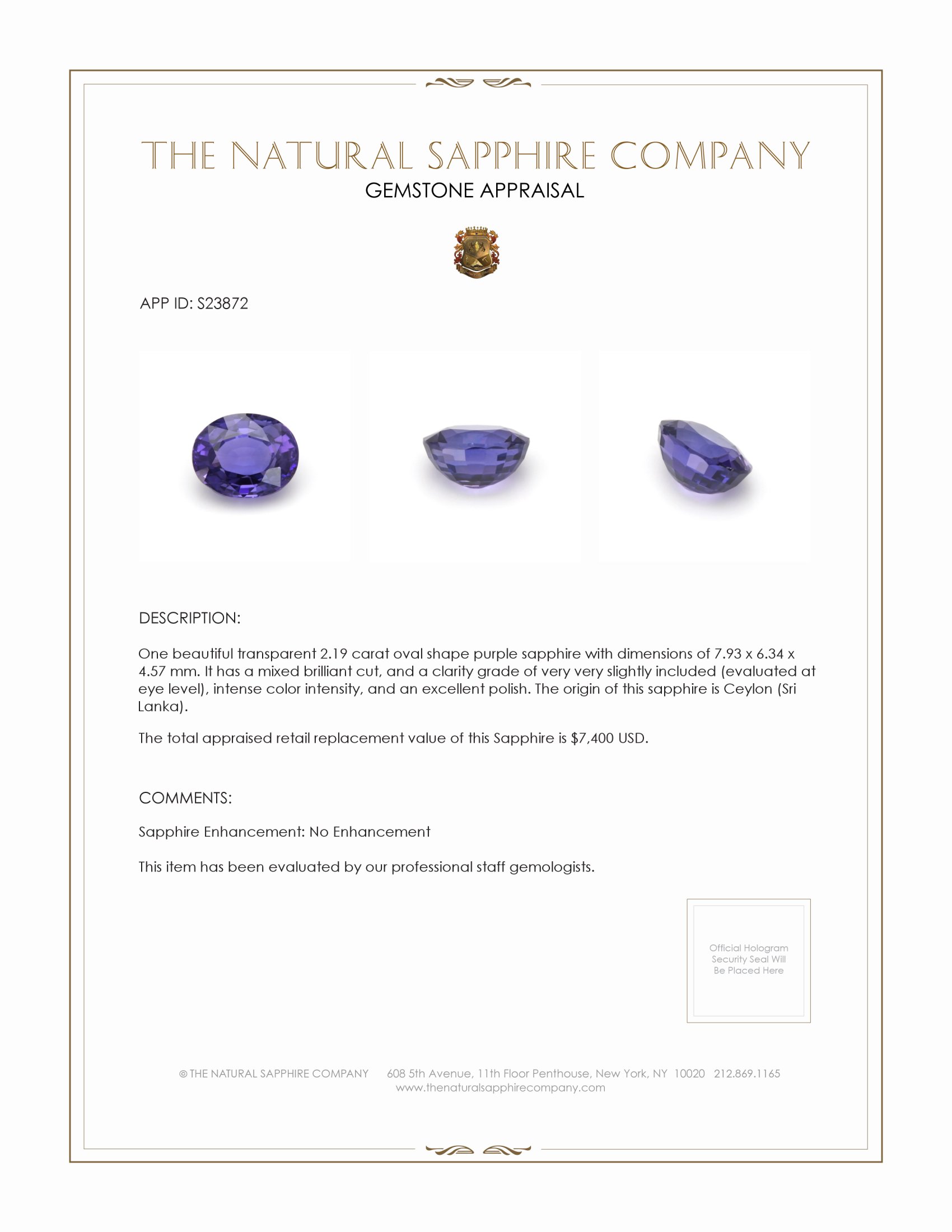 2.19 Ct. Purple Sapphire from Ceylon (Sri Lanka)
