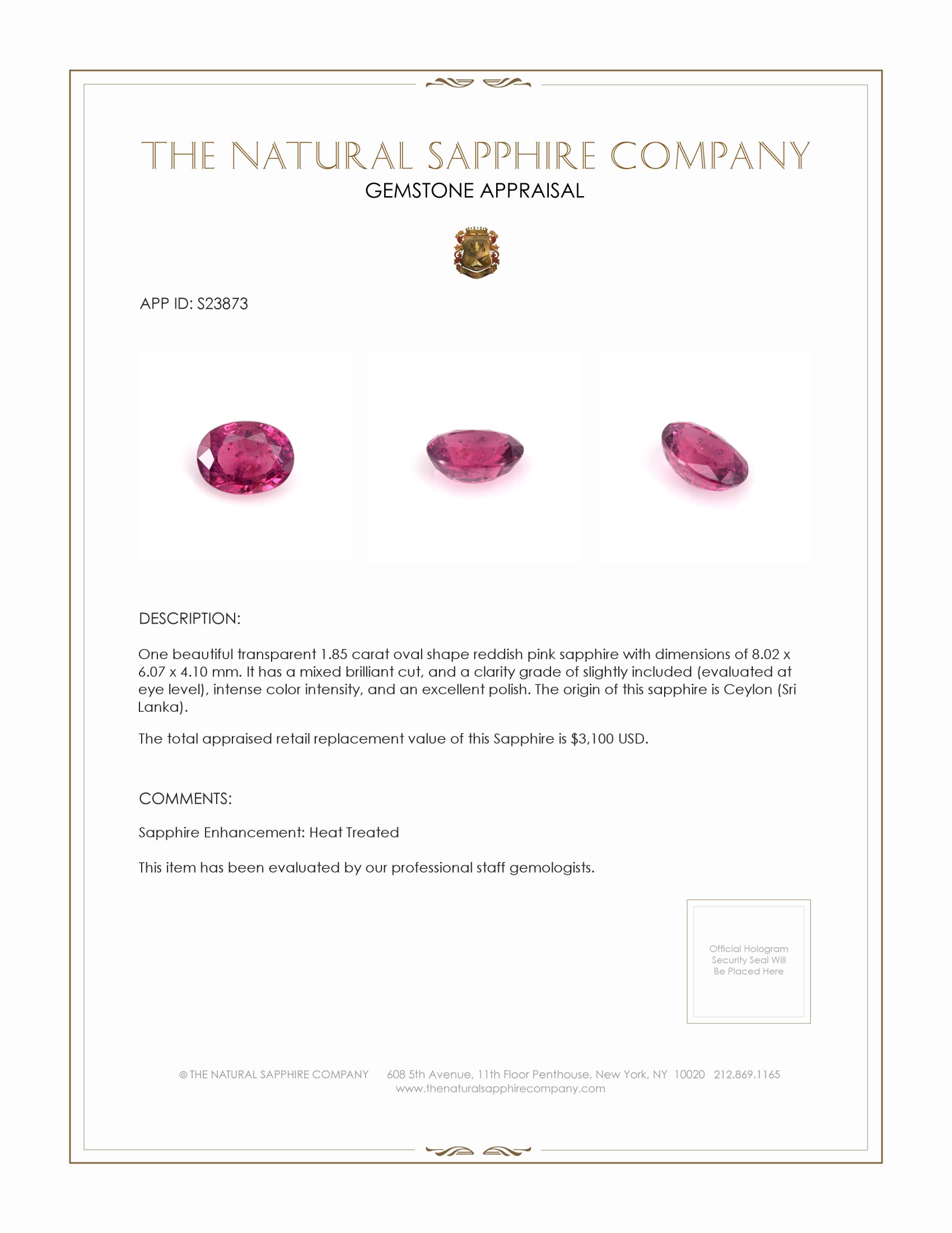 1.85 Ct. Reddish Pink Sapphire from Ceylon (Sri Lanka)