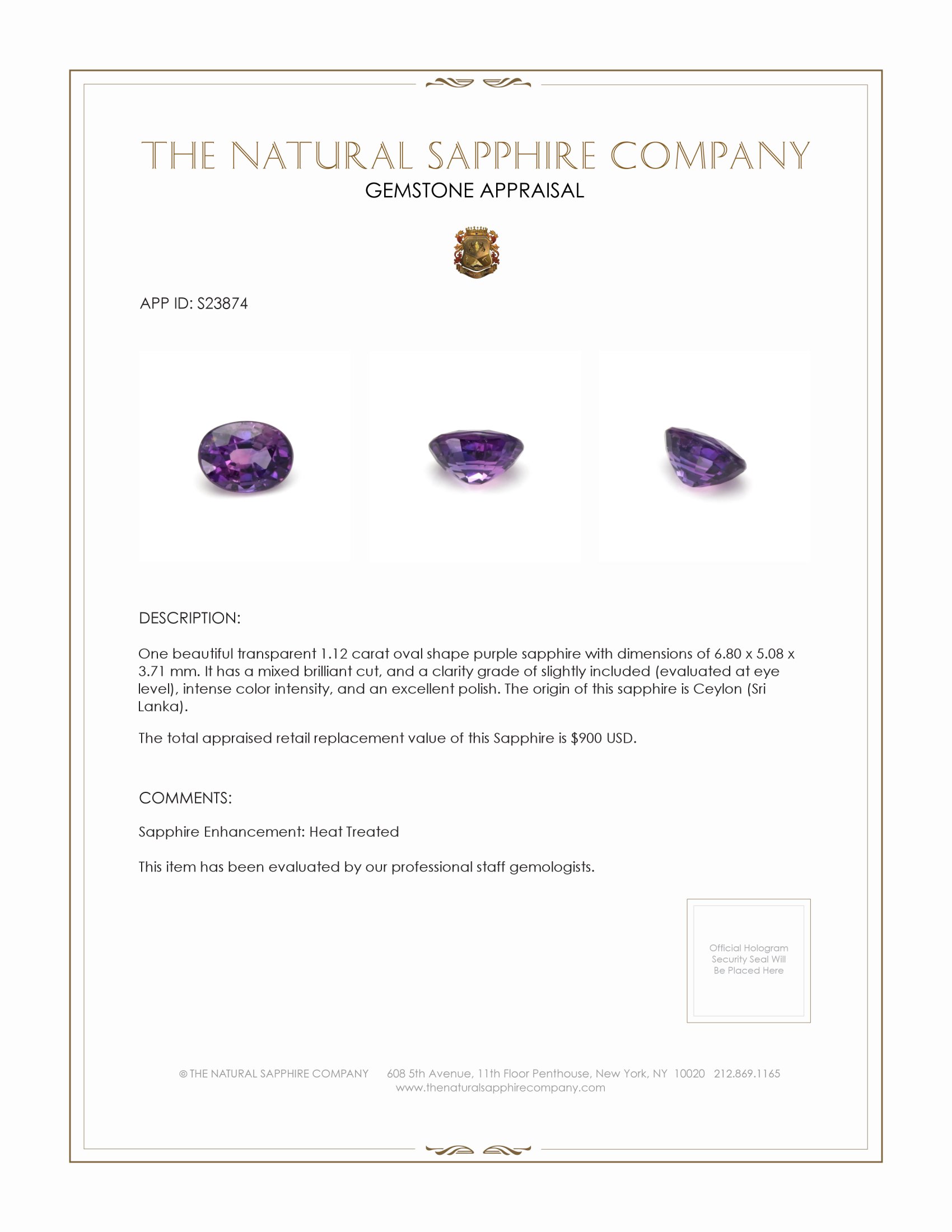 1.12 Ct. Purple Sapphire from Ceylon (Sri Lanka)