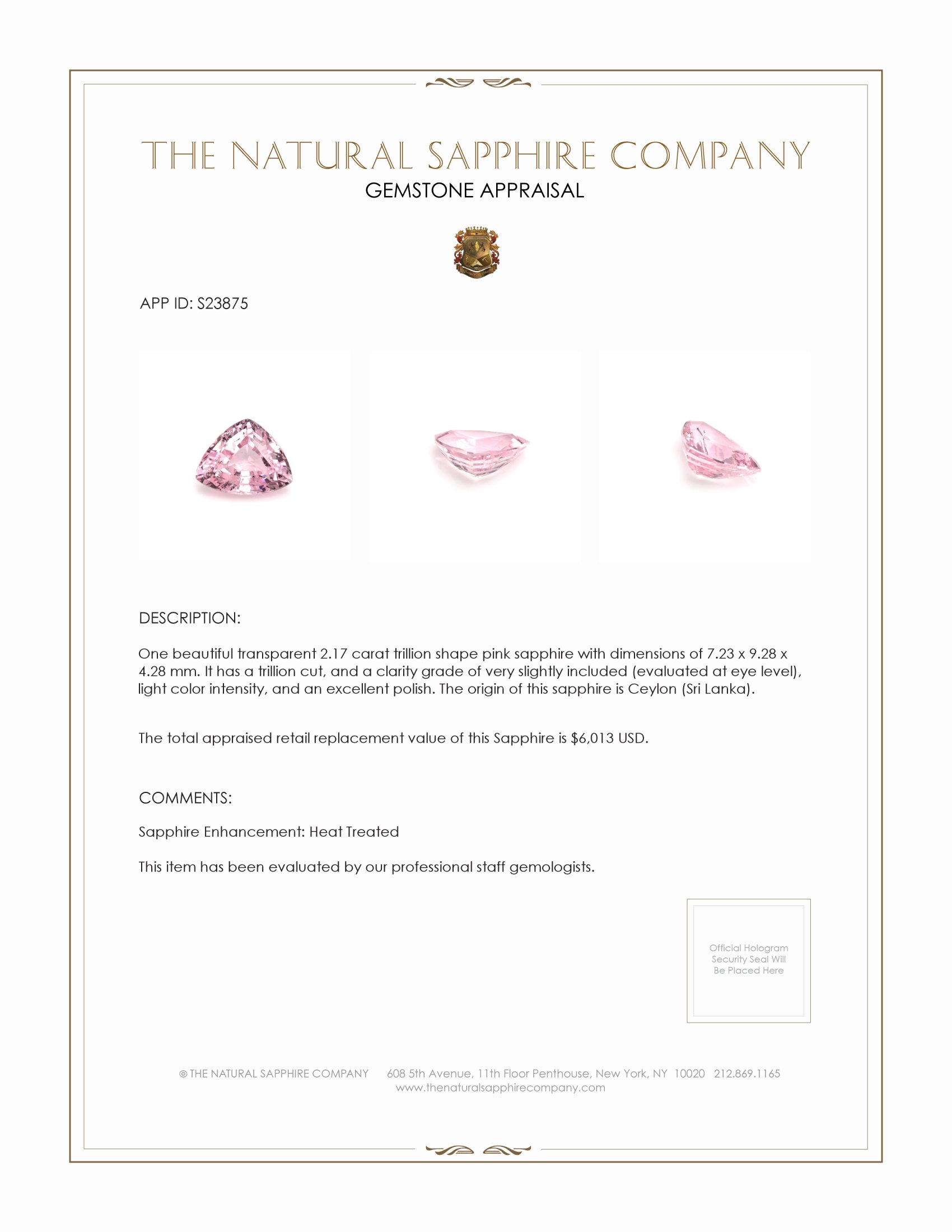 2.17 Ct. Pink Sapphire from Ceylon (Sri Lanka)