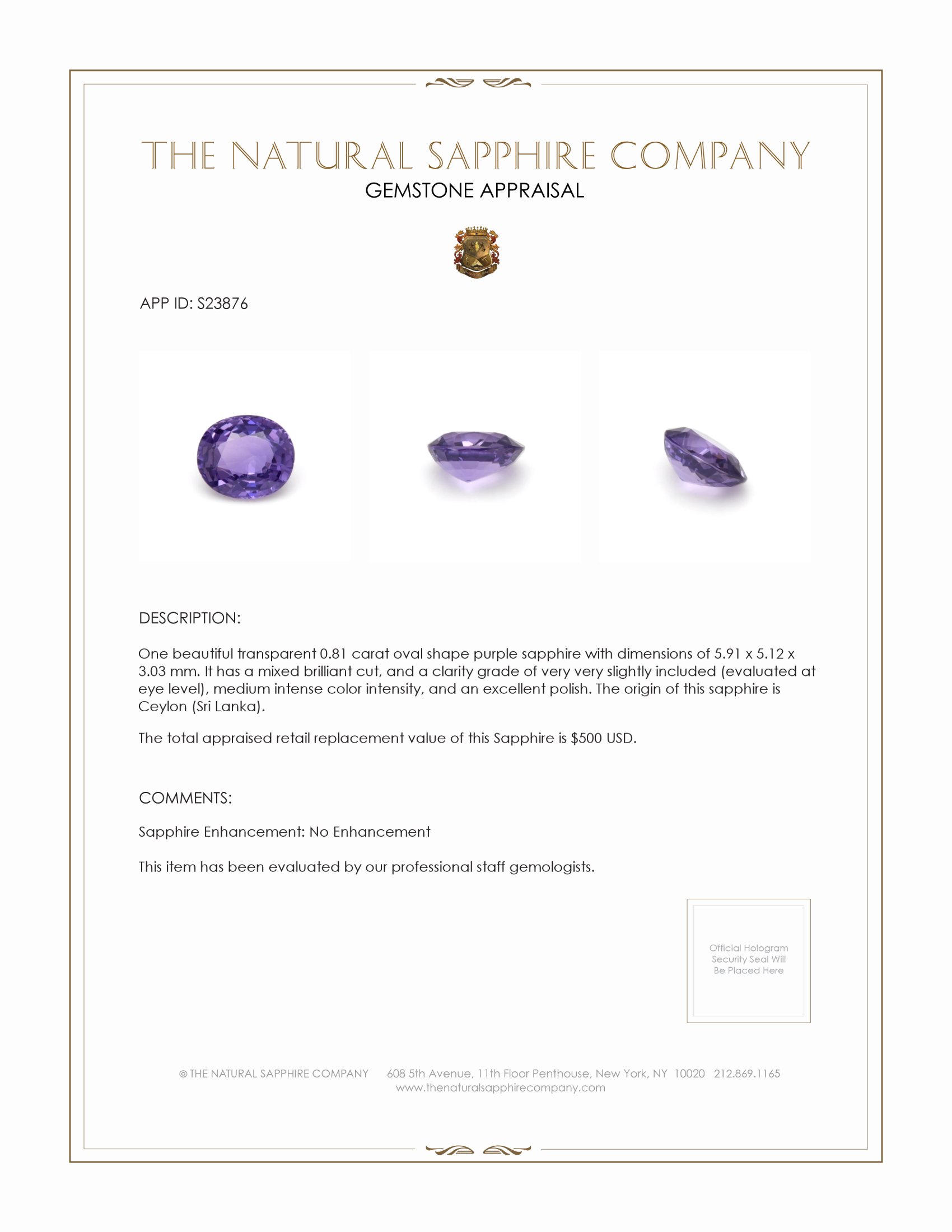 0.81 Ct. Purple Sapphire from Ceylon (Sri Lanka)