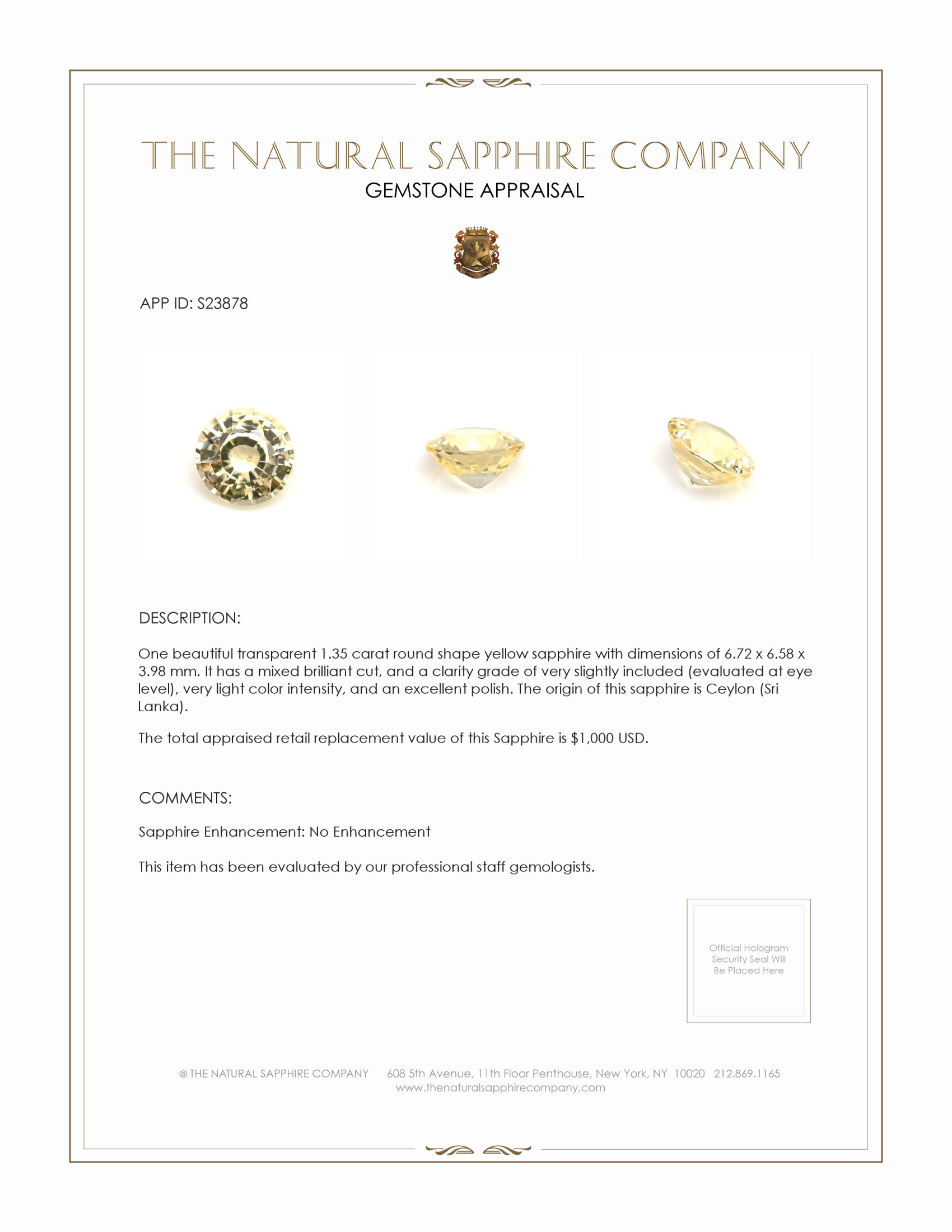 1.35 Ct. Yellow Sapphire from Ceylon (Sri Lanka)