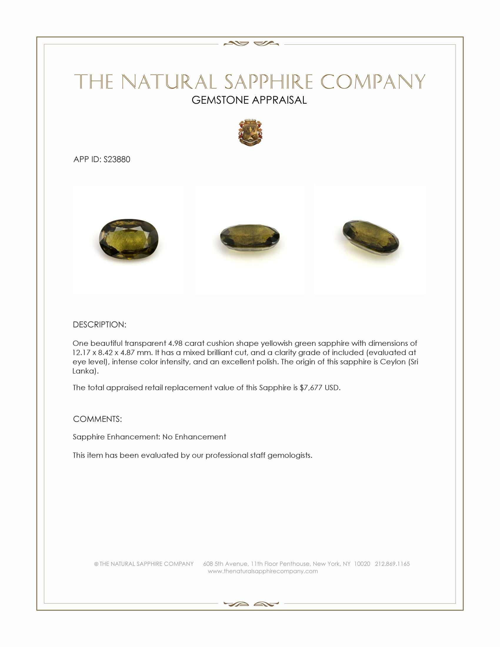 4.98 Ct. Yellowish Green Sapphire from Ceylon (Sri Lanka)