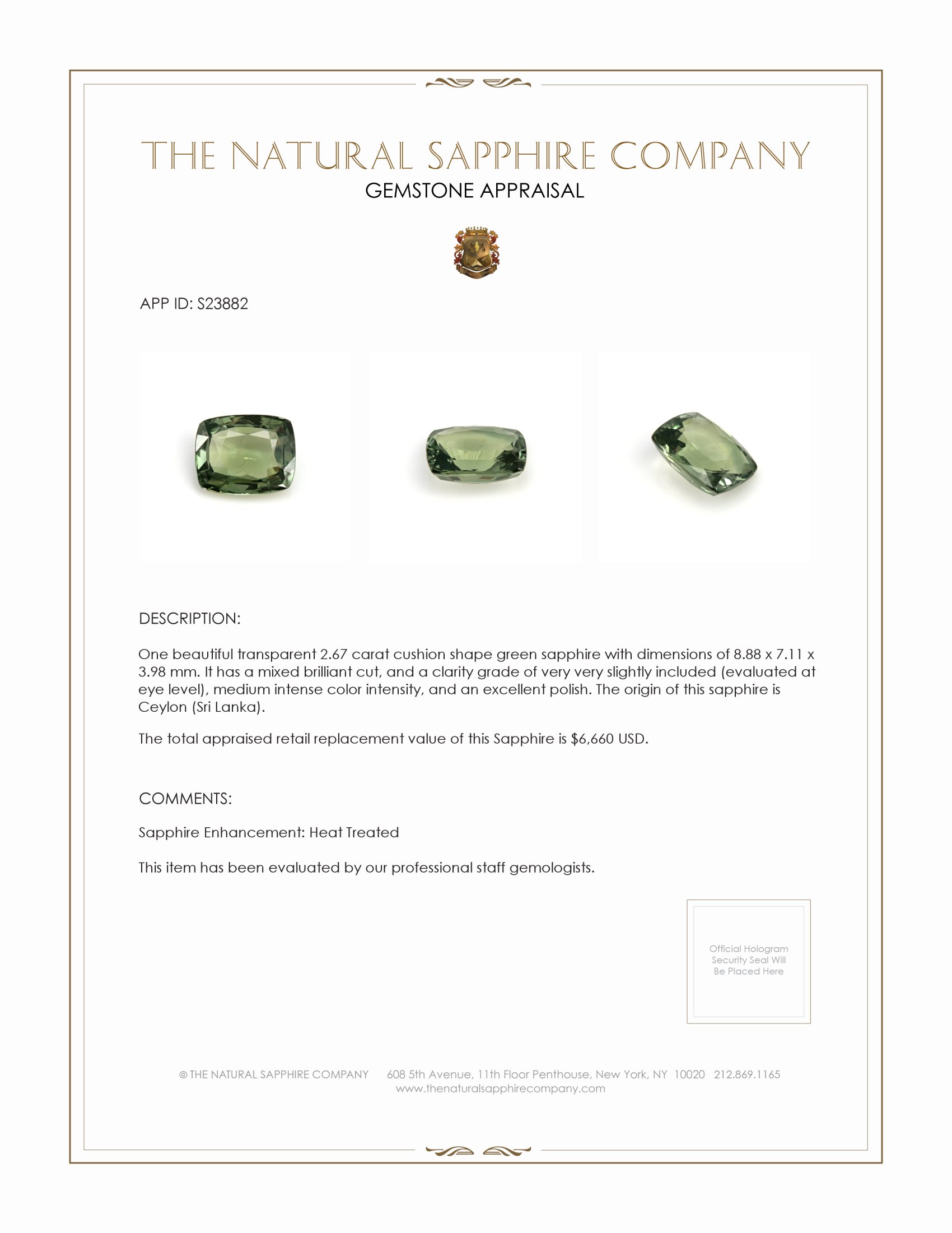 2.67 Ct. Green Sapphire from Ceylon (Sri Lanka)