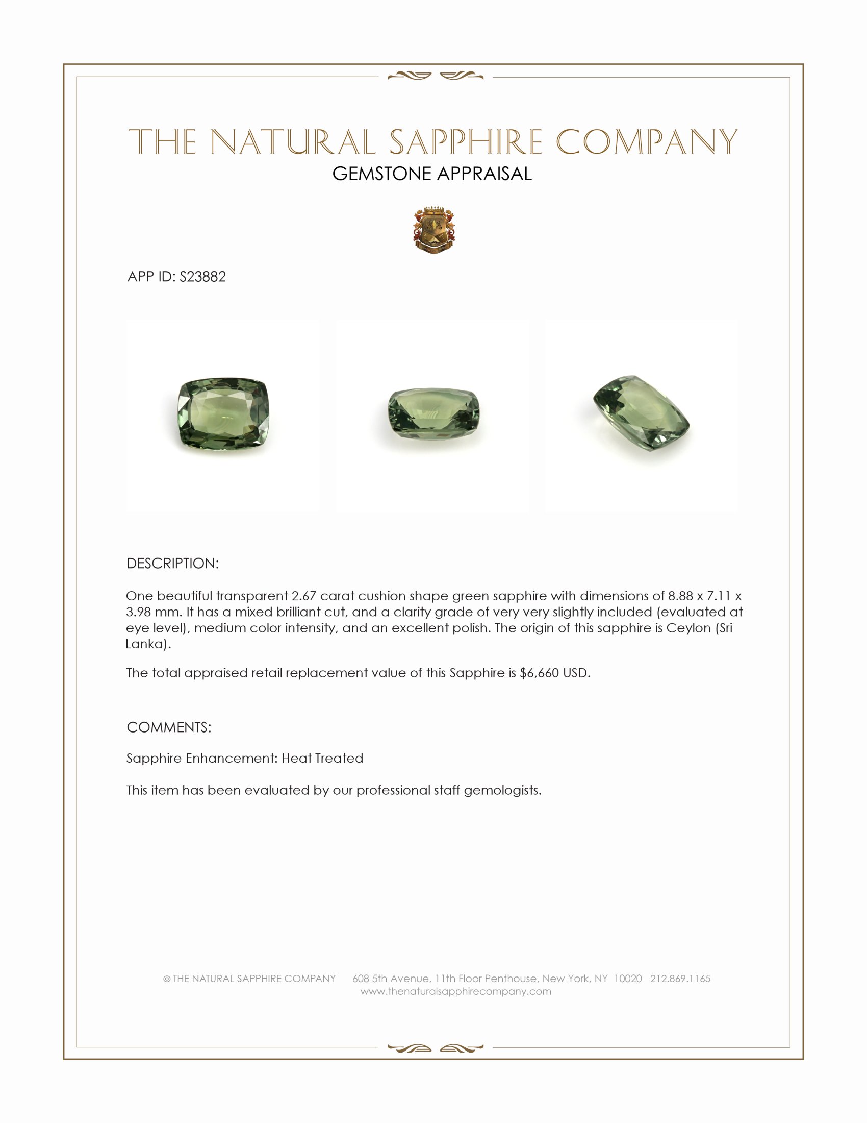 2.67 Ct. Green Sapphire from Ceylon (Sri Lanka)