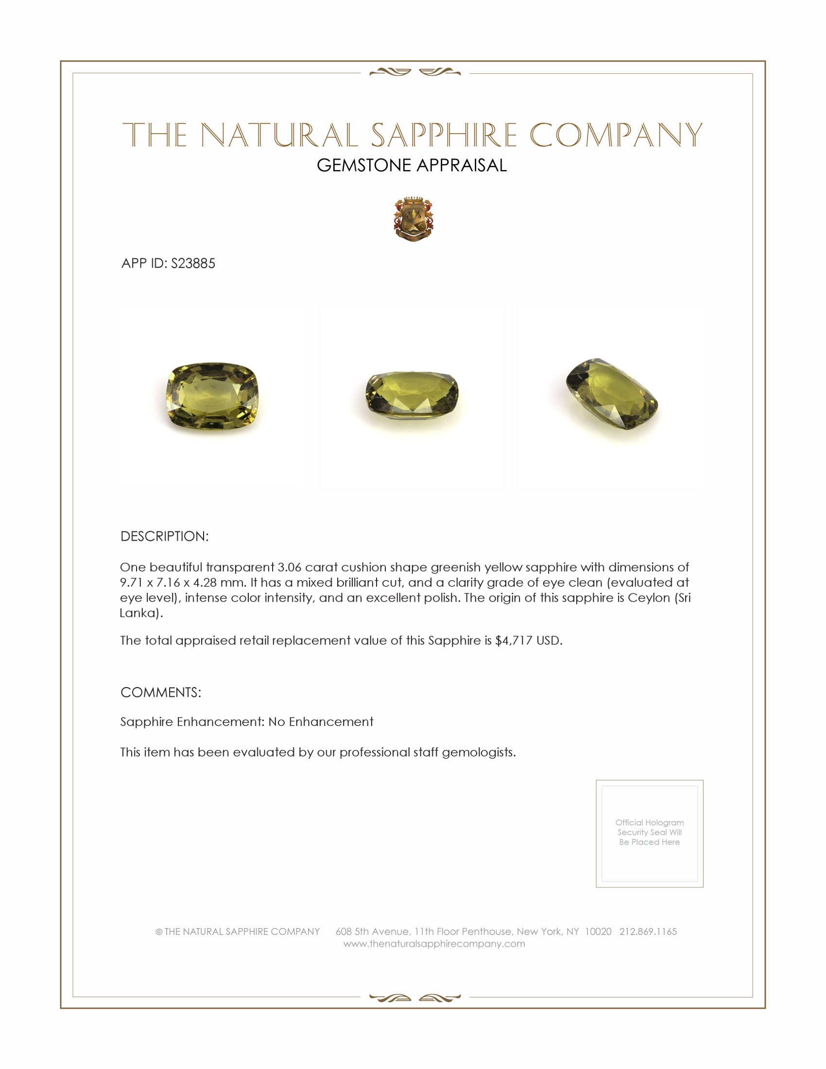 3.06 Ct. Greenish Yellow Sapphire from Ceylon (Sri Lanka)