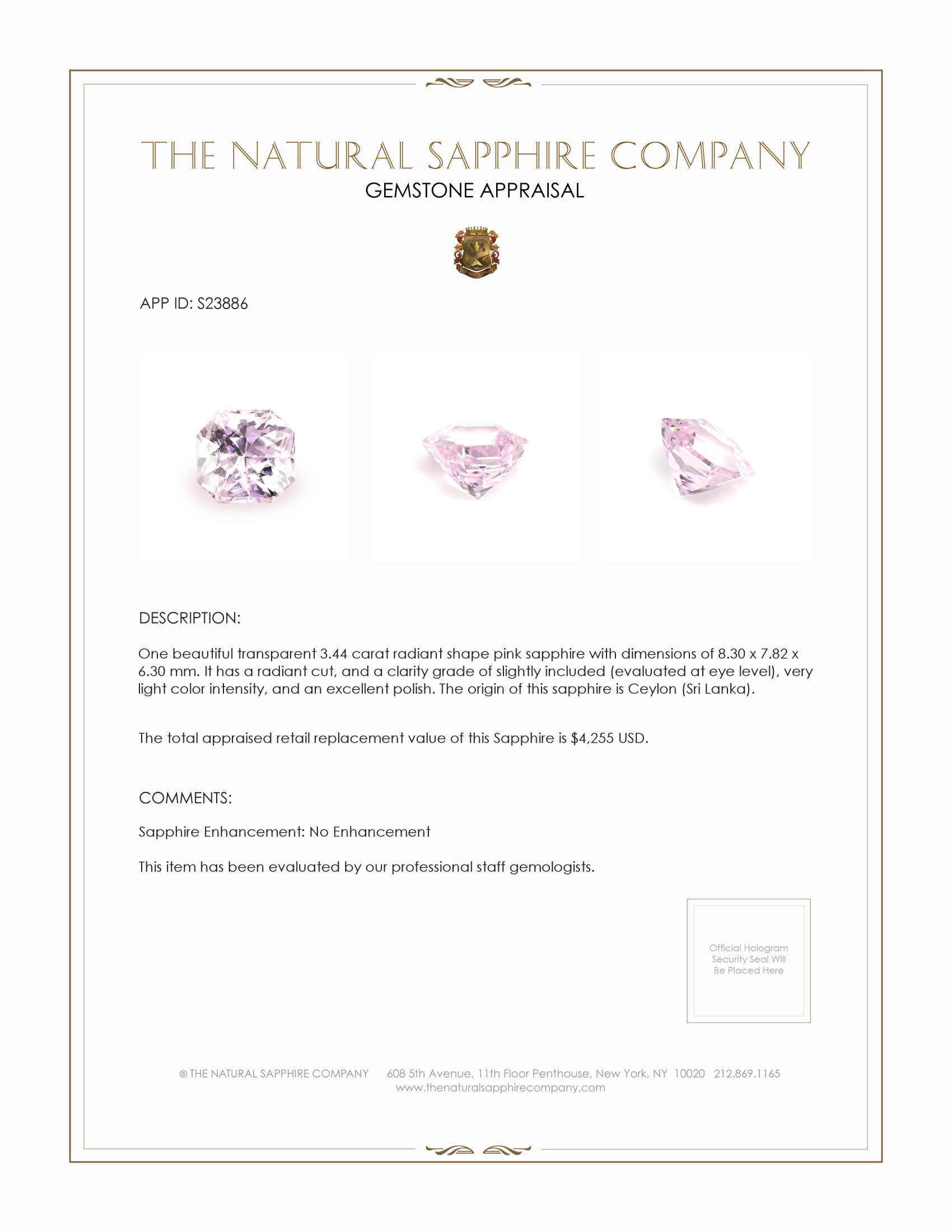 3.44 Ct. Pink Sapphire from Ceylon (Sri Lanka)