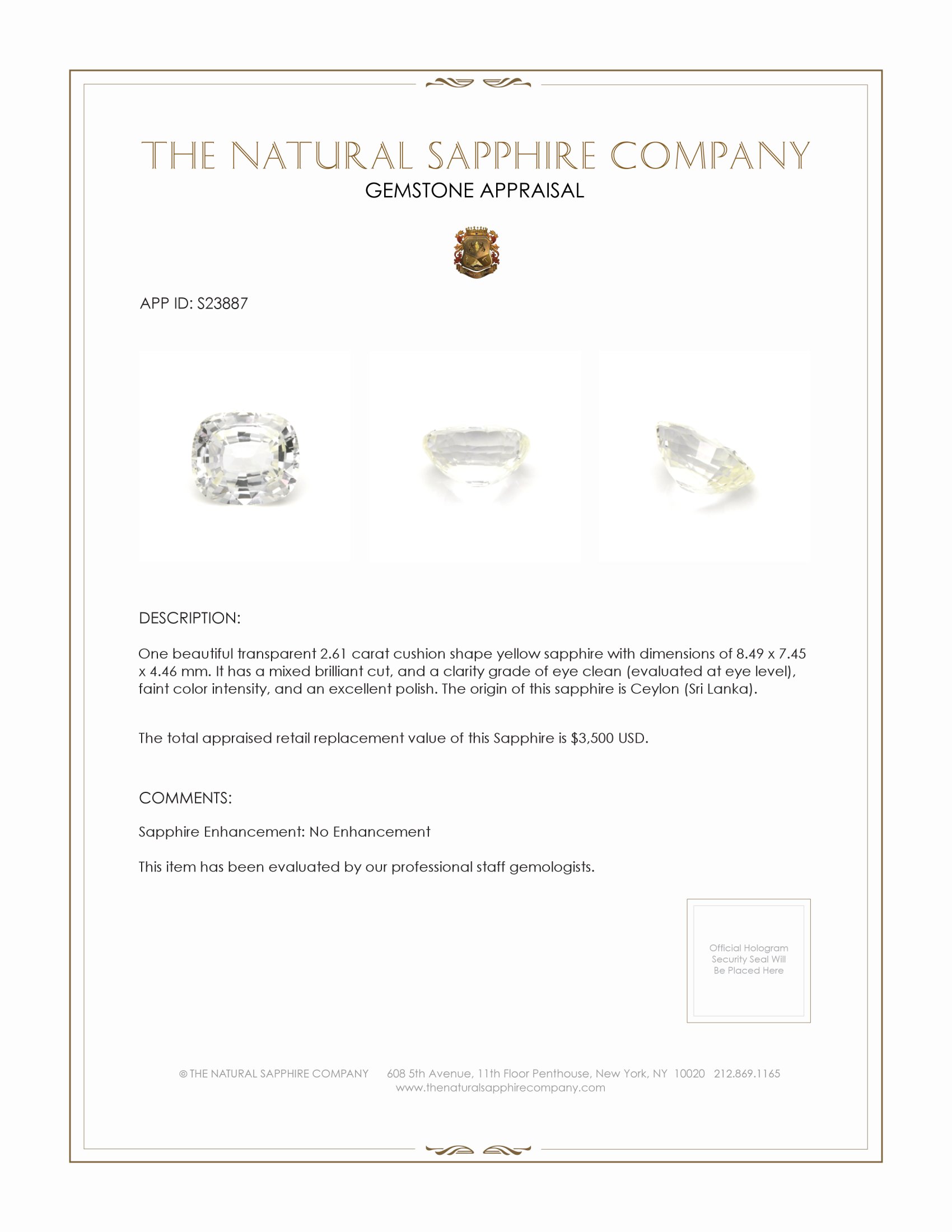 2.61 Ct. Yellow Sapphire from Ceylon (Sri Lanka)