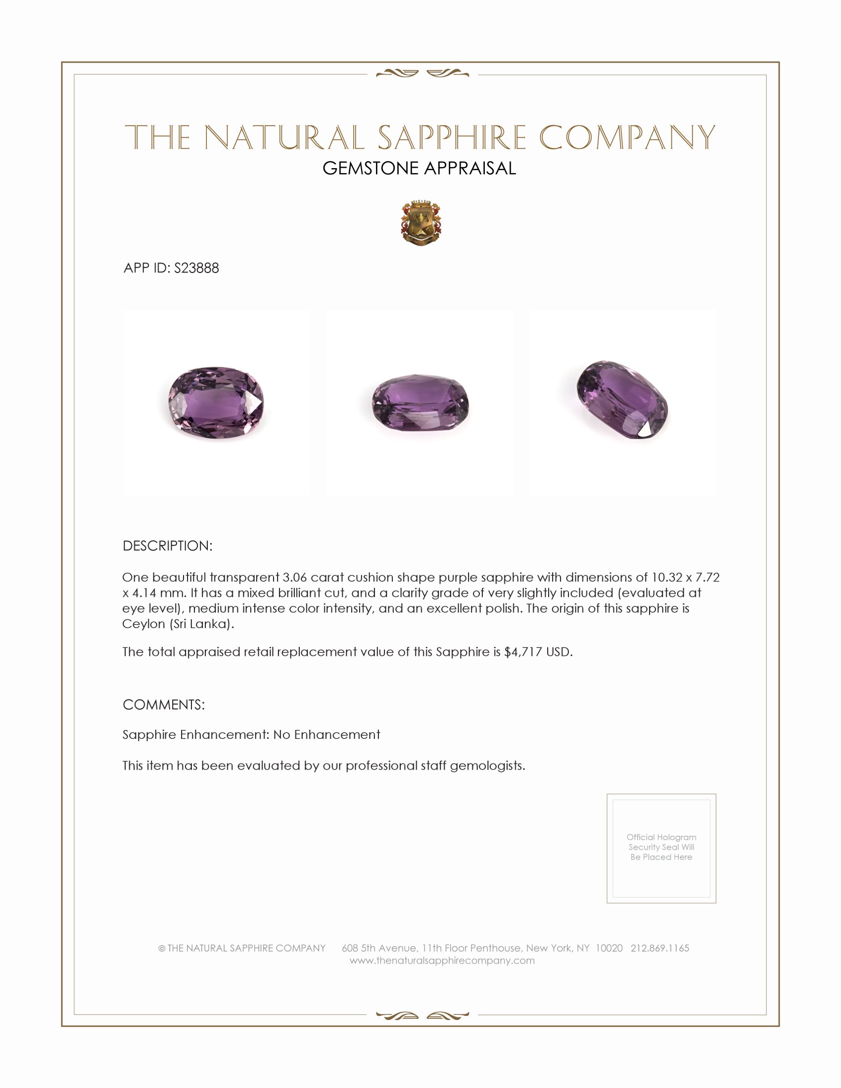 3.06 Ct. Purple Sapphire from Ceylon (Sri Lanka)