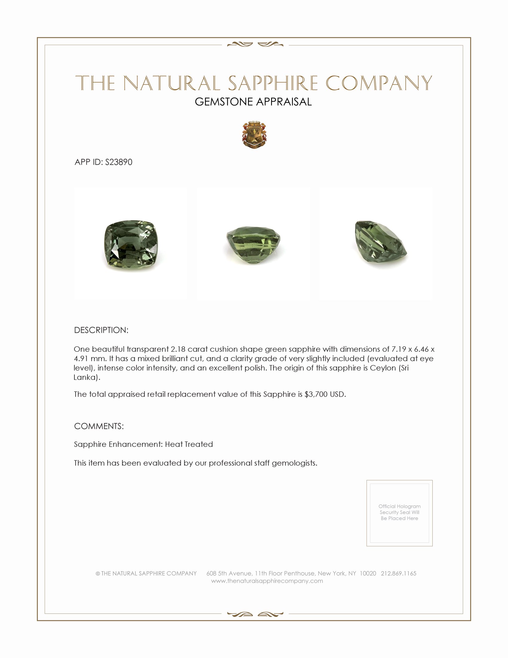 2.18 Ct. Green Sapphire from Ceylon (Sri Lanka)